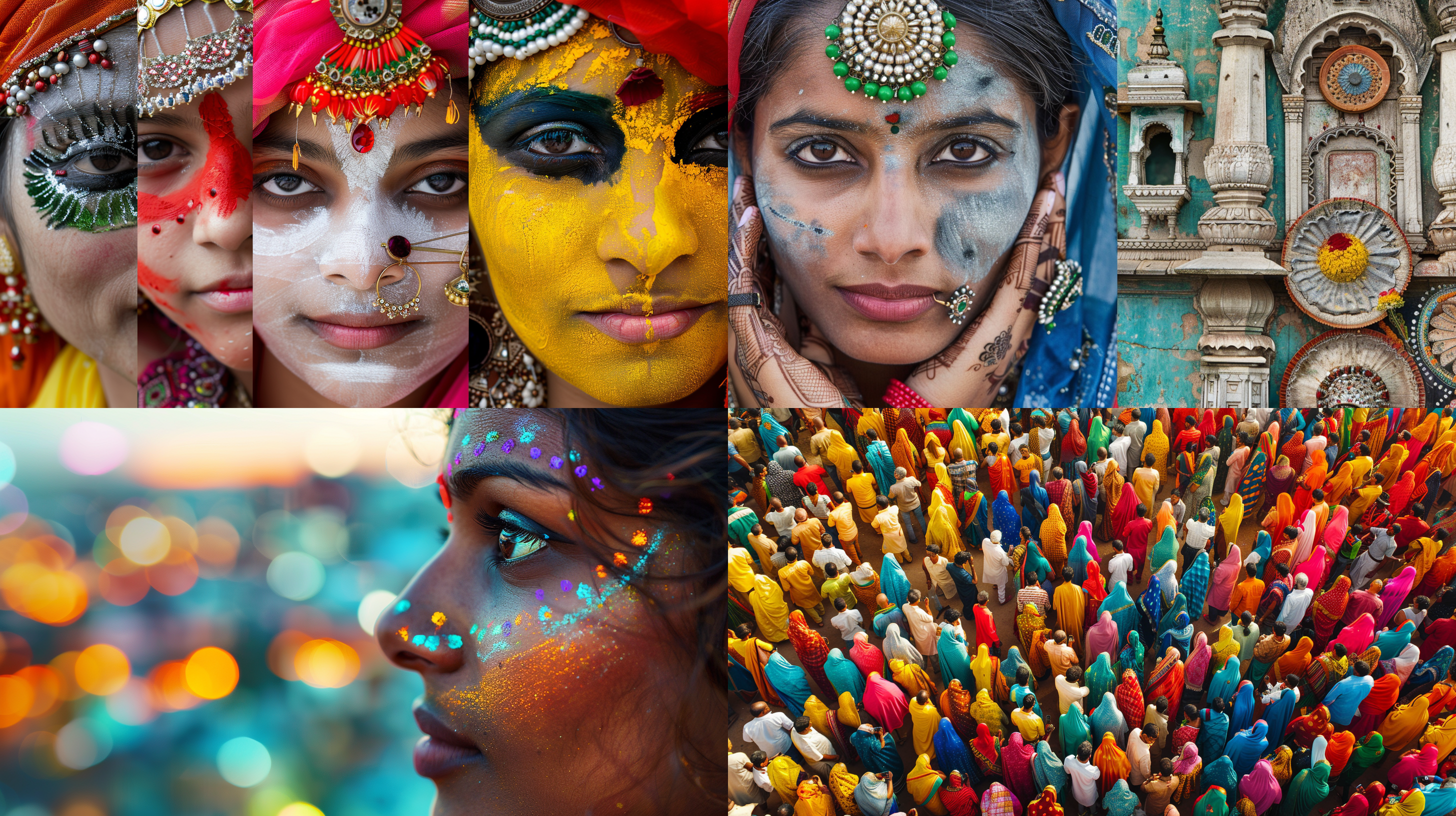 现代印度，地理，文化，节日，城市，美食，split into 6 different images，高清晰度，旅游杂志，色彩丰富，明快