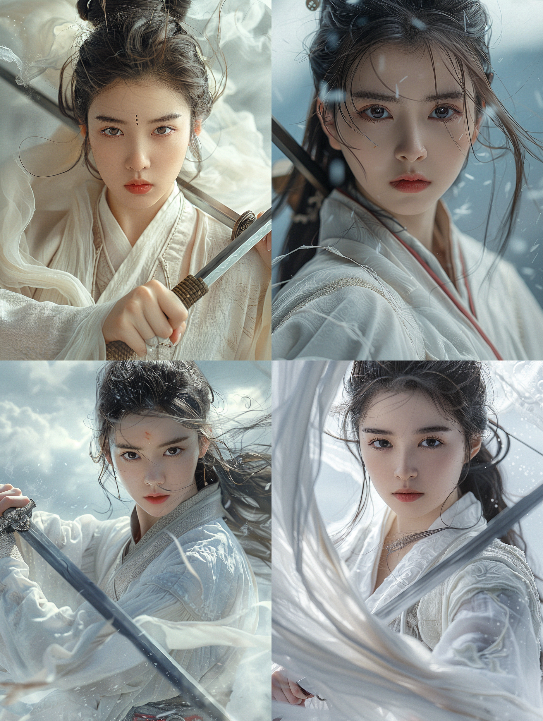 long shot,ancient a 20-years-old girl looking into camera,holding sword in hand,​​clouds billowing,gentle eyes,black straight hair,three-dimensional facial features,wearing white clothing ,red belt,flowing cloth,ancient chinese idol drama style,panorama,super realistic,super realistic,super realistic,photo,illustration,high detail,hyper quality,