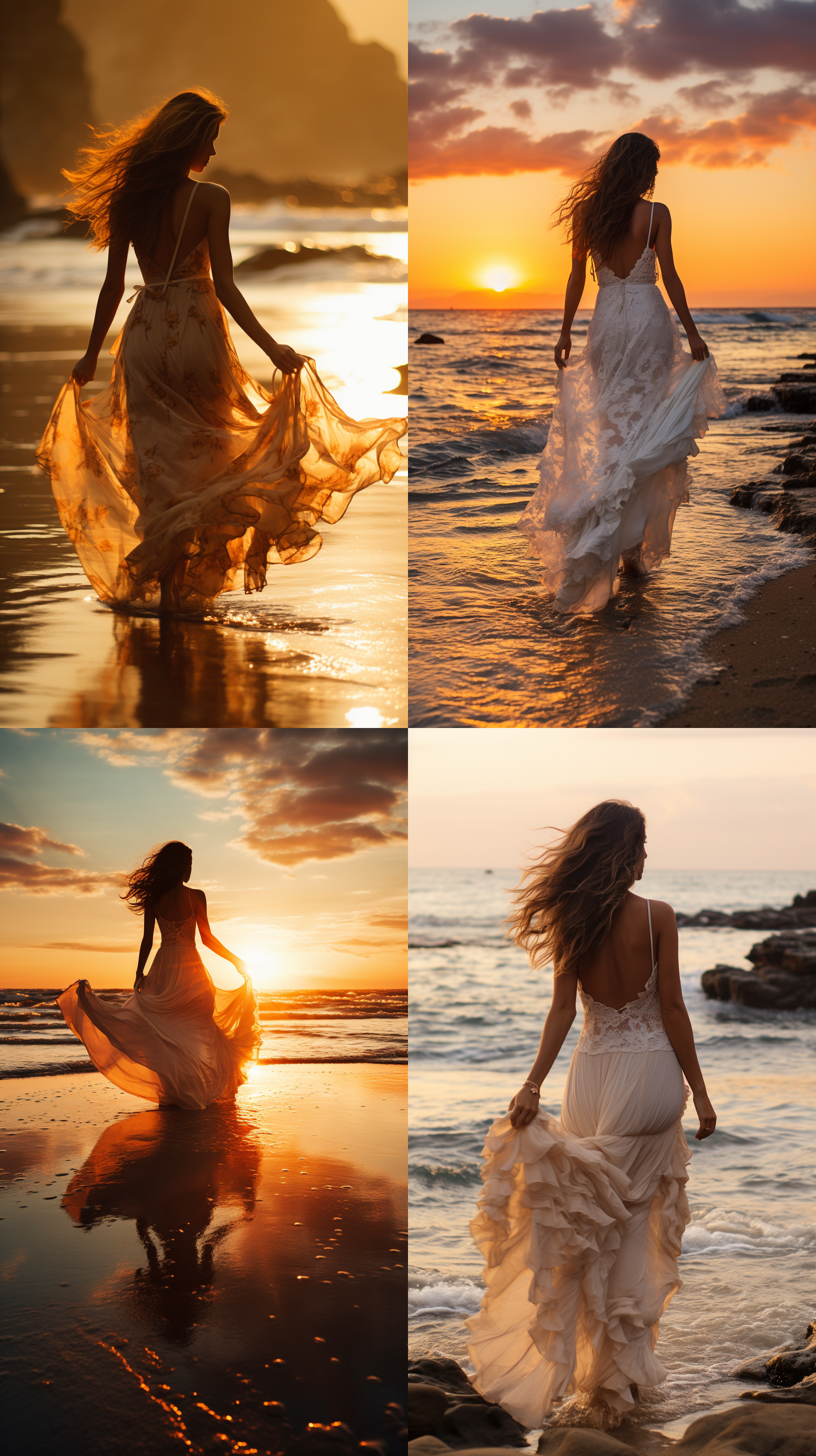 清晨沙滩日出，海浪拍打沙滩，1个少女穿着白色长裙行走在沙滩上背影，形态和谐自然飘逸，橙色色调，宽幅构图，海浪拍打，风光摄影，自然美景，广角镜头，中焦镜头特写，8k画质，极致细节。宁静，放松，浪漫。