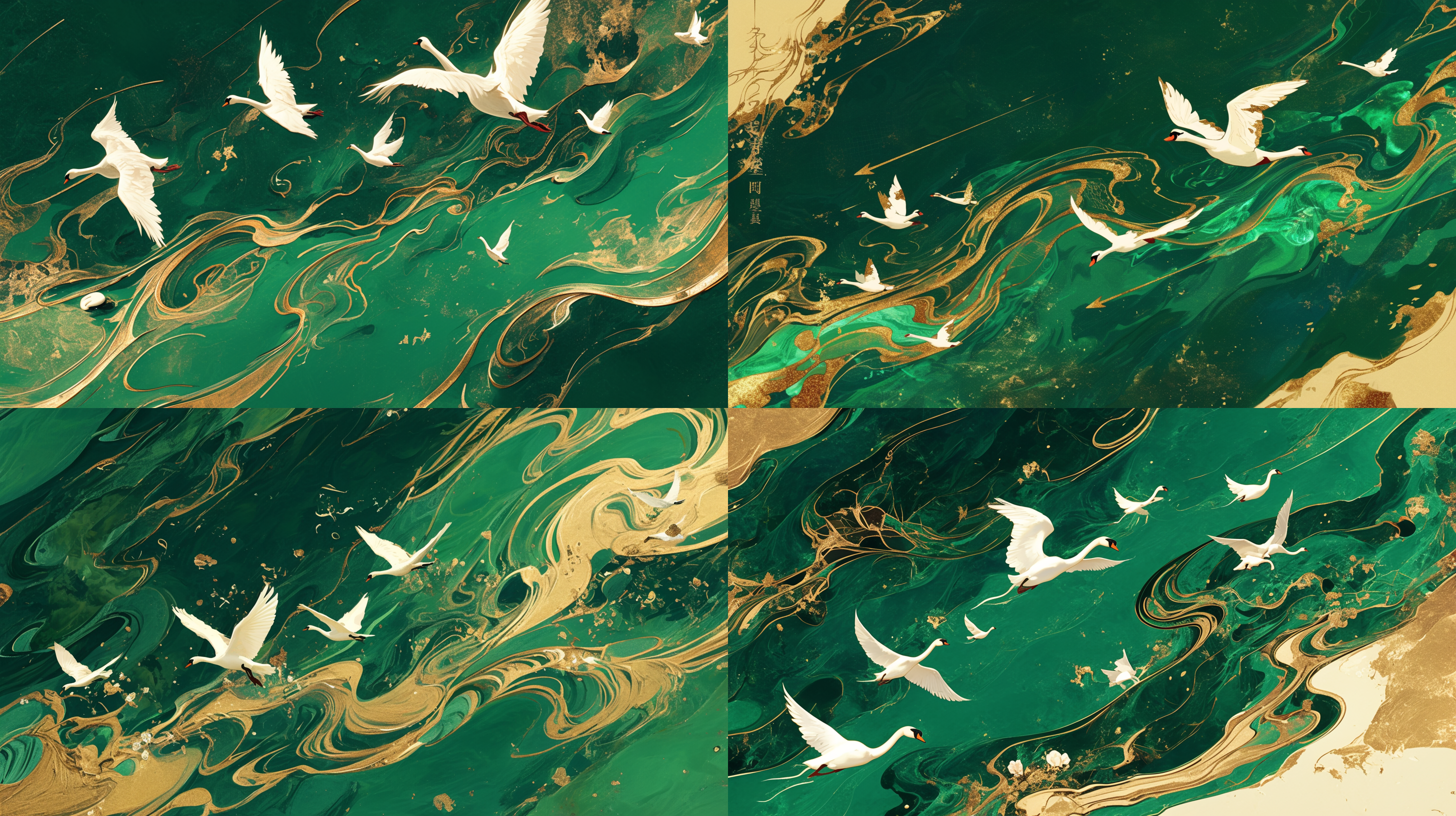 数只天鹅在翱翔，翠绿水面，数字绘画风格，自然杂志，数字绘画，金色翅膀，极美的笔触，航拍，金属箭头，红绿色调，风景壁纸，连贯性，金色翅膀，充满魅力。