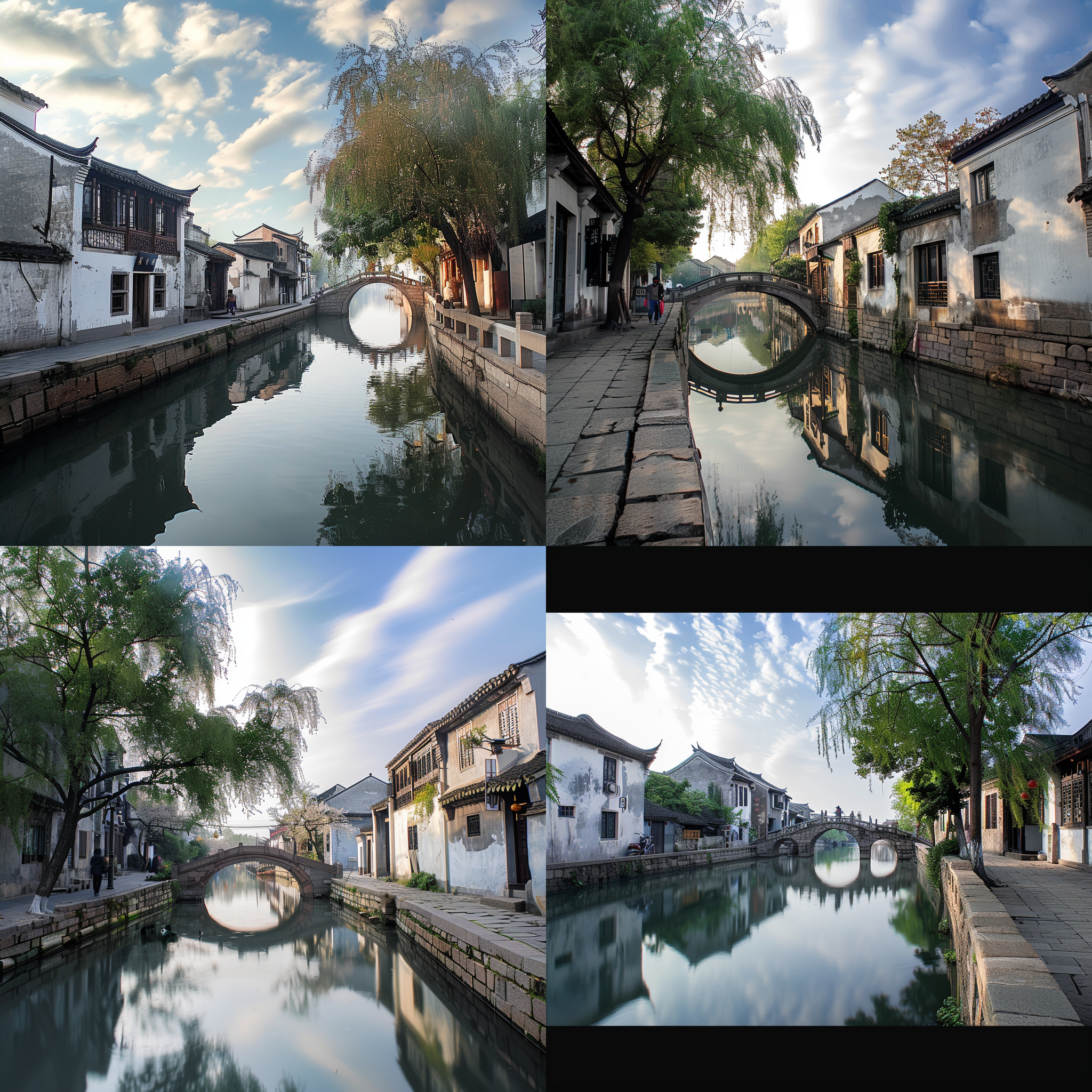 苏州水巷，小桥小船，怀旧古风，安静春天，蓝天白云，水面倒影，侧视图，暖色调，慢门拍摄，静谧氛围。