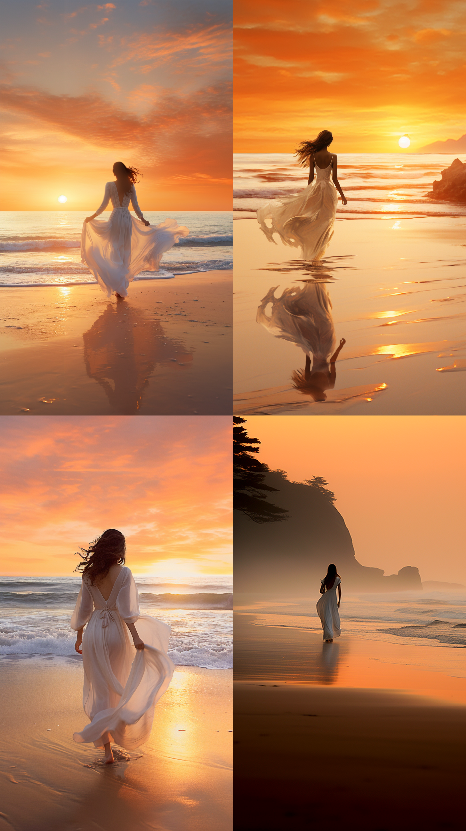清晨沙滩日出，海浪拍打沙滩，1个中国少女穿着白色长裙行走在沙滩上背影，形态和谐自然飘逸，橙色色调，宽幅构图，海浪拍打，风光摄影，自然美景，广角镜头，逆光拍摄，中焦镜头特写，8k画质，极致细节。宁静，放松，浪漫。