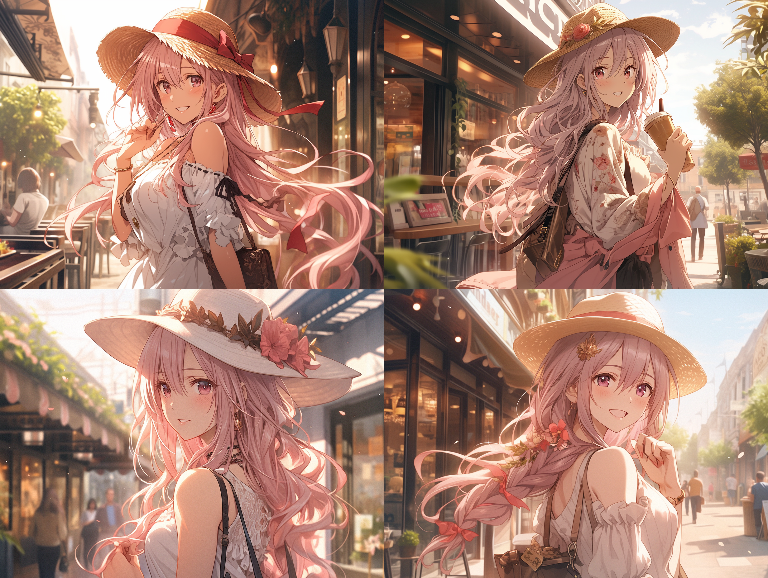 the artwork is in the style of an anime wallpaper，一位可爱的女人，粉色长发，休闲帽子，项链，休闲服，正面，半身，走向咖啡厅