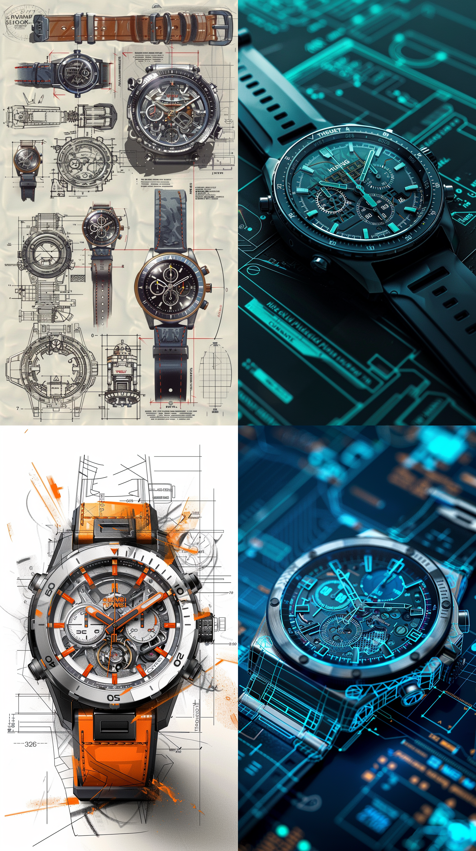 华为手表设计图纸，表带，工业风格，细节丰富，透视构图，高清晰度，复杂机械，军事科技，冷色调，专业设计