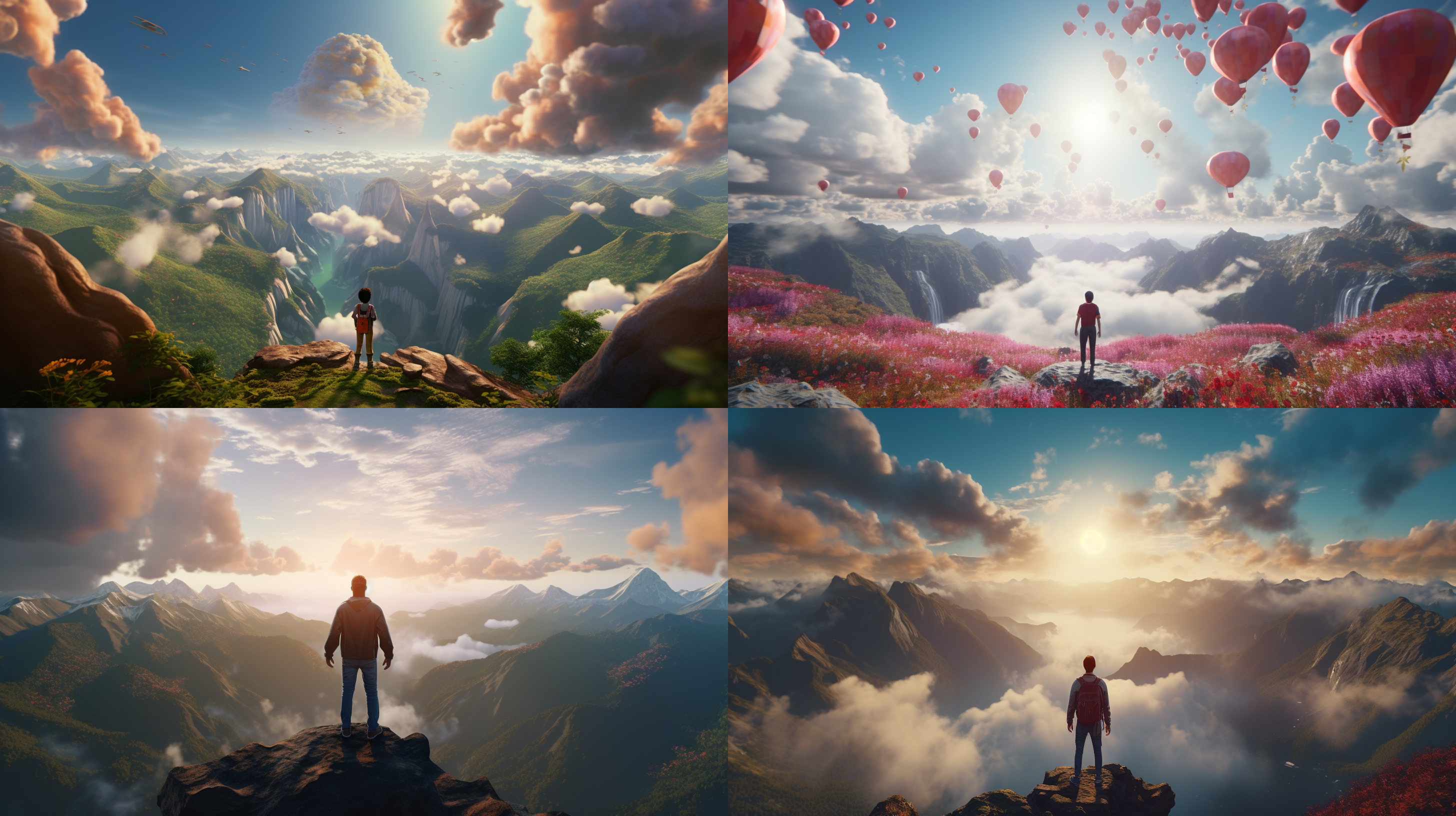 3d animation, personality: johnny in tears of joy as he sees a breathtaking view of the entire dreamland below from the highest peak, filled with gratitude and awe, unreal engine, hyper real