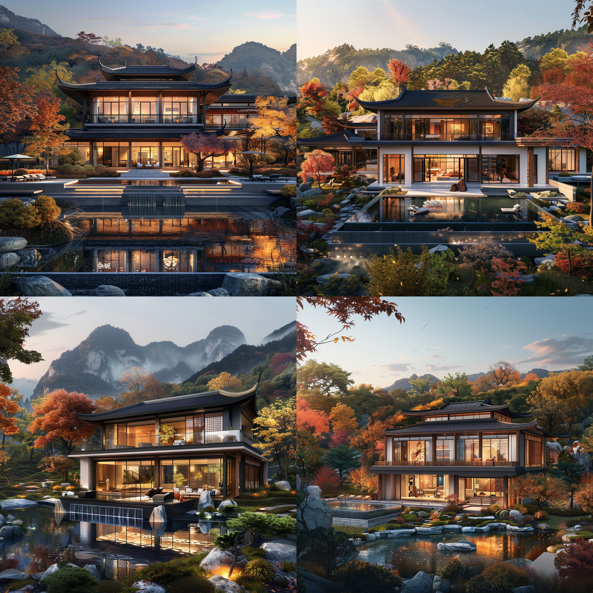 效果图 秦岭山下 现代中式 3层的别墅 有100平米的花园 有2个游泳池 视角高500 一点透视 有自然光 秋天的景色 8k,hd 现代中式