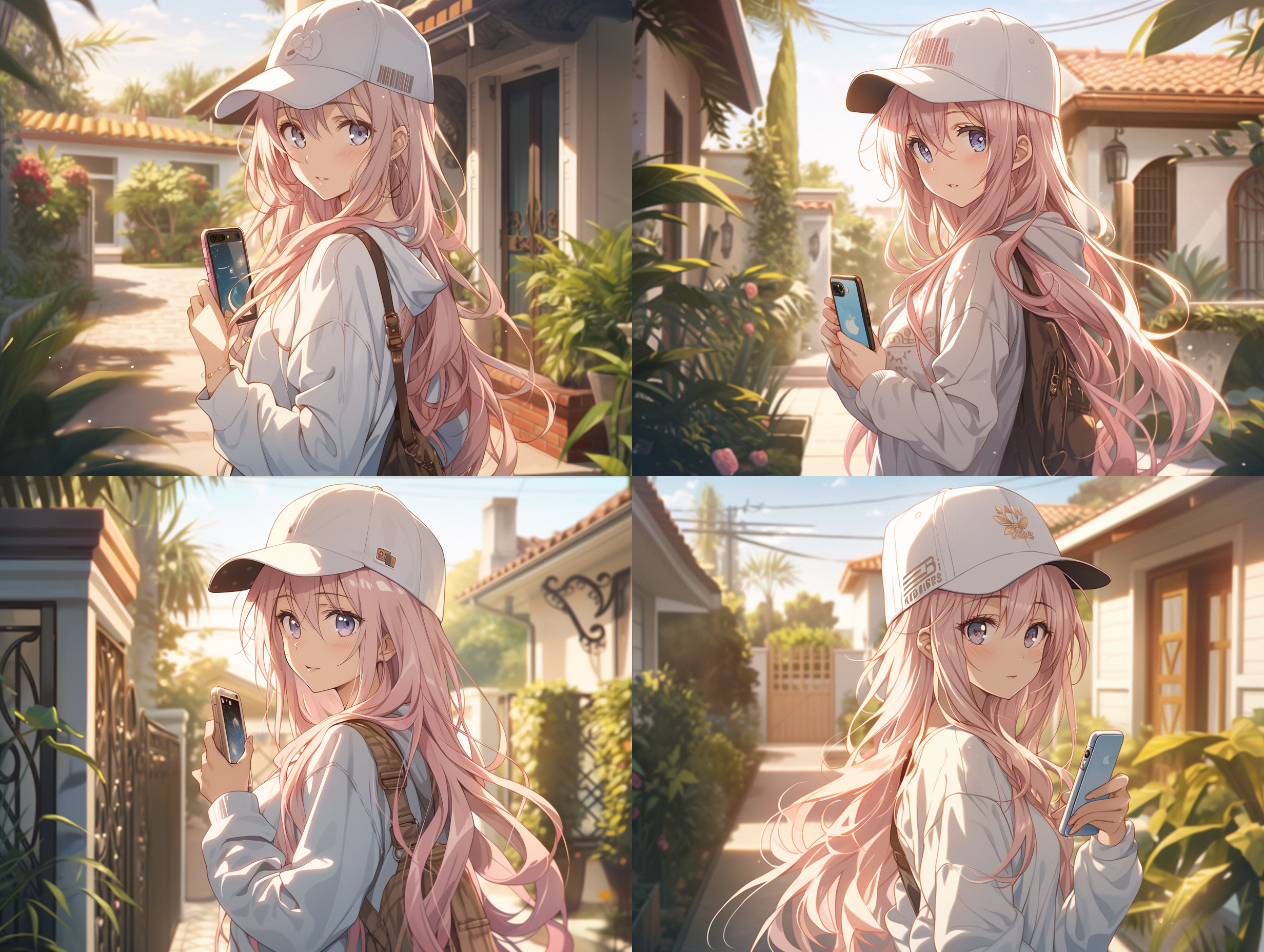 一位可爱的女人，粉色长发，休闲帽子，休闲服，正面，半身，移动电话，豪华住宅，新海诚风格