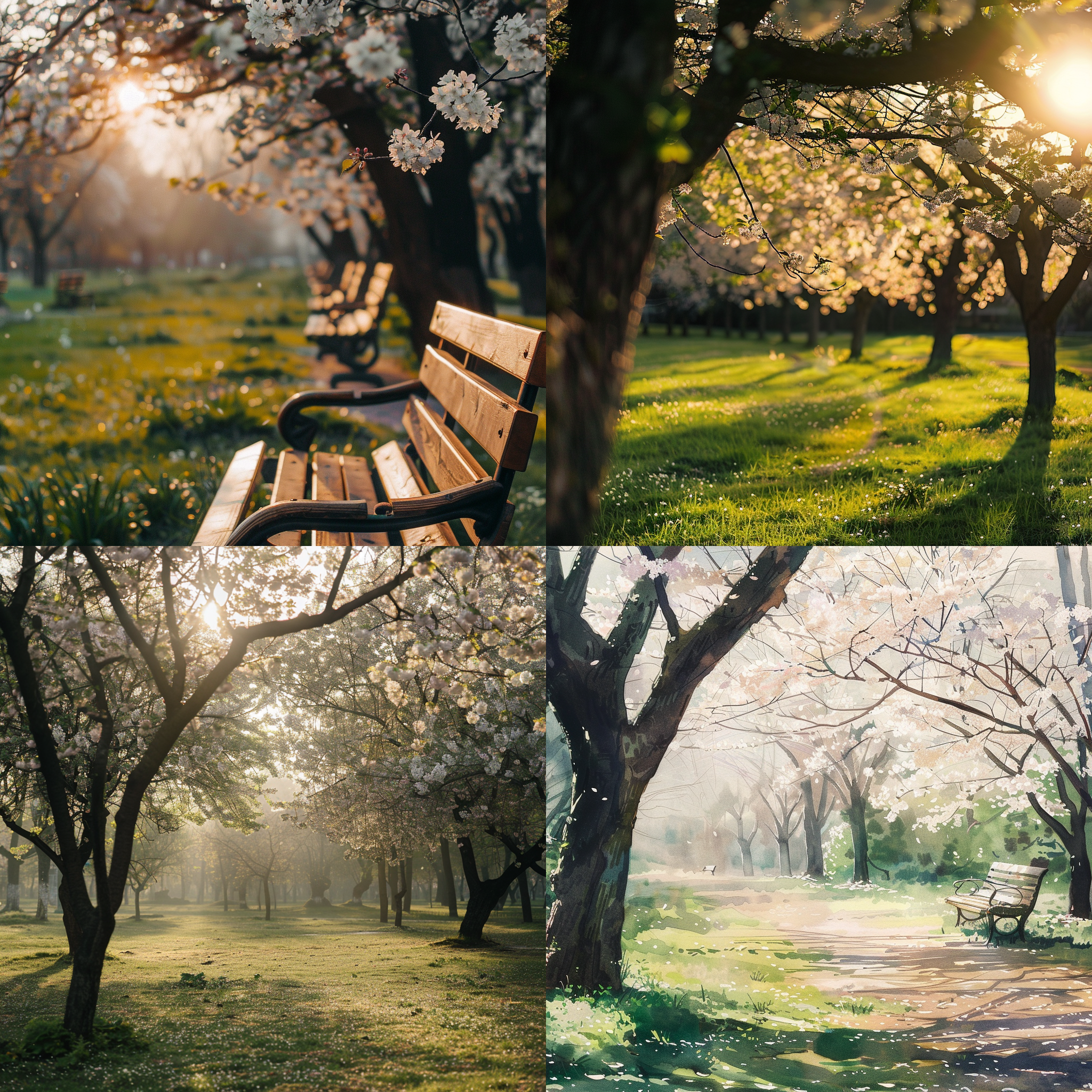 樱花公园，阳光初晨，柔和光线，远景构图，绿色主调，静谧氛围，期待。