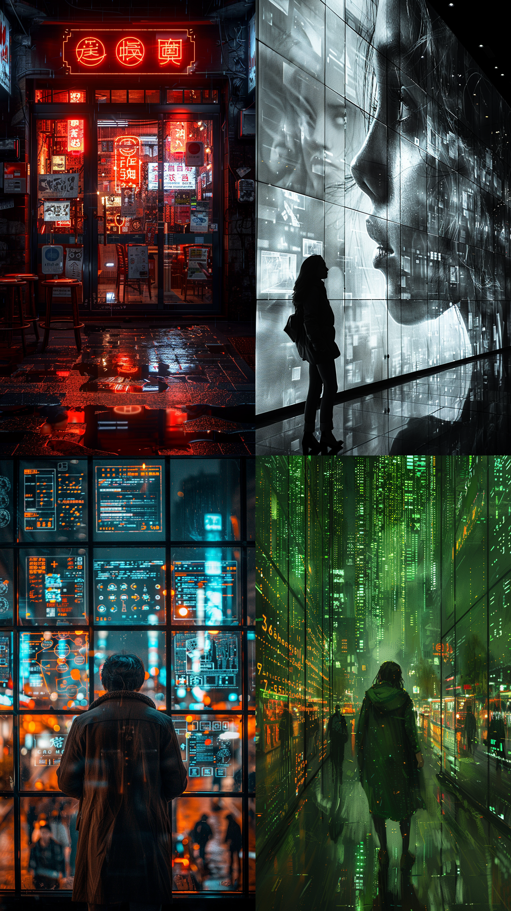 镜像迷失，室内布局，夜晚景色，电子屏幕特写，高对比度，冷色调，广角镜头，投射光影，神秘感，紧张。