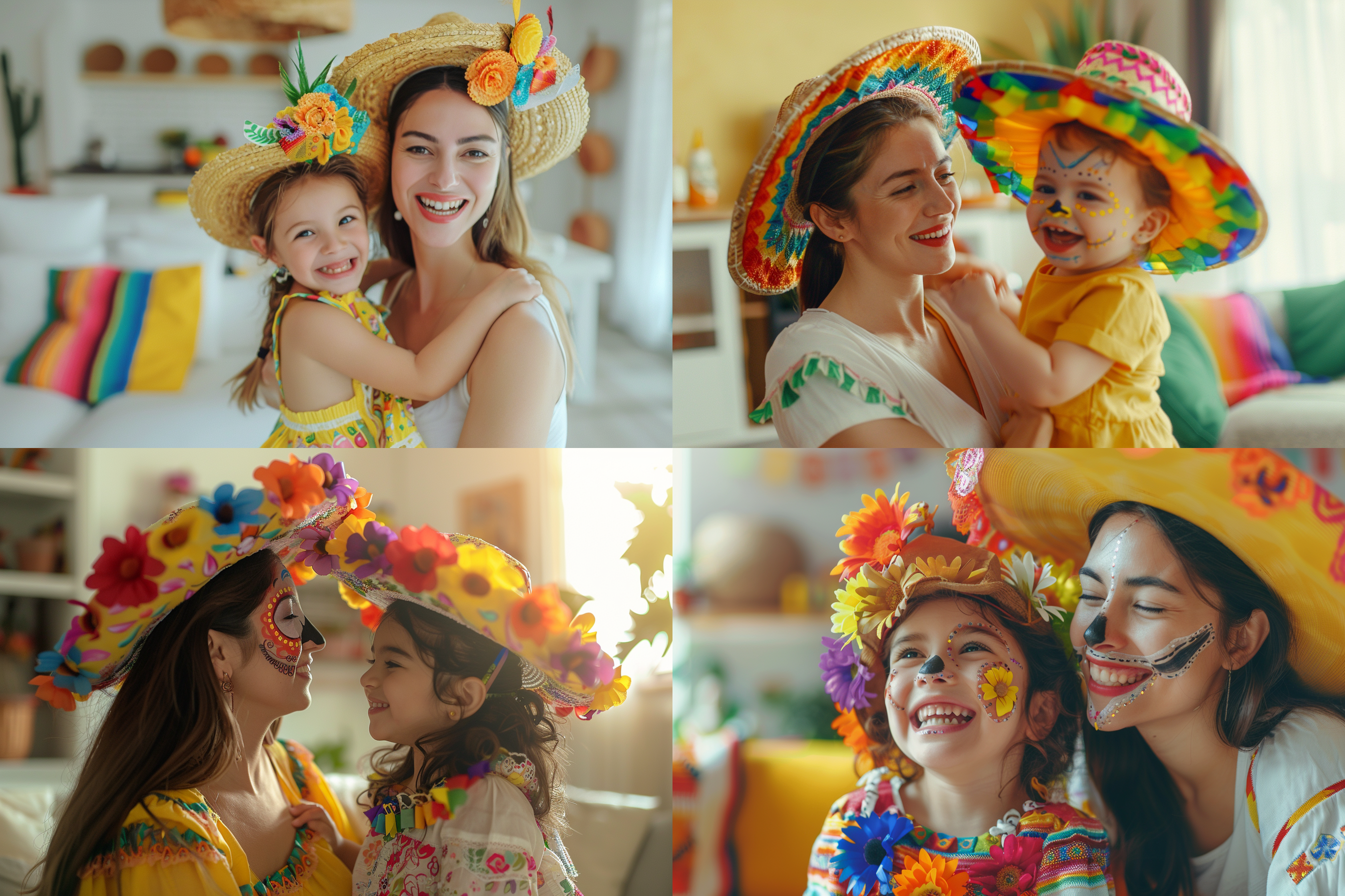 可爱的孩子和年轻的妈妈戴着墨西哥节的帽子，在进行亲子间的互动，愉悦的，开心的，白色和黄色的客厅背景，明亮的光线，明亮的，正面，高清，8k，人物视角，墨西哥亡灵节，派对，真实的照片