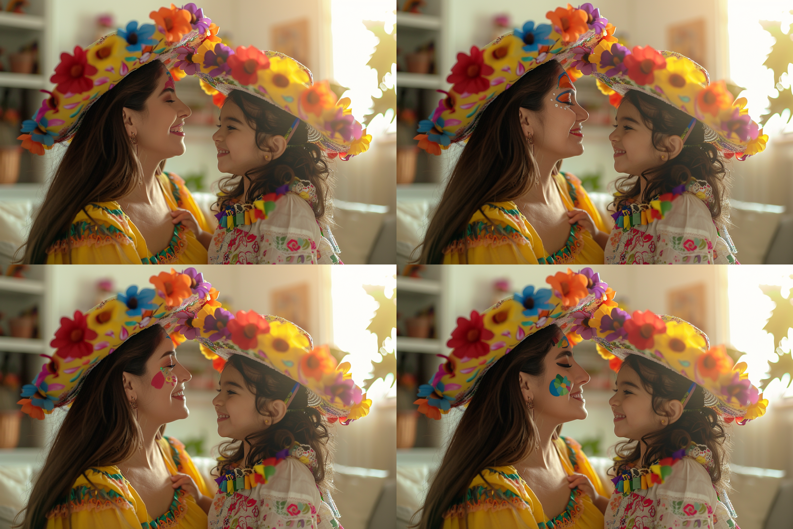 可爱的孩子和年轻的妈妈戴着墨西哥节的帽子，在进行亲子间的互动，愉悦的，开心的，白色和黄色的客厅背景，明亮的光线，明亮的，正面，高清，8k，人物视角，墨西哥亡灵节，派对，真实的照片