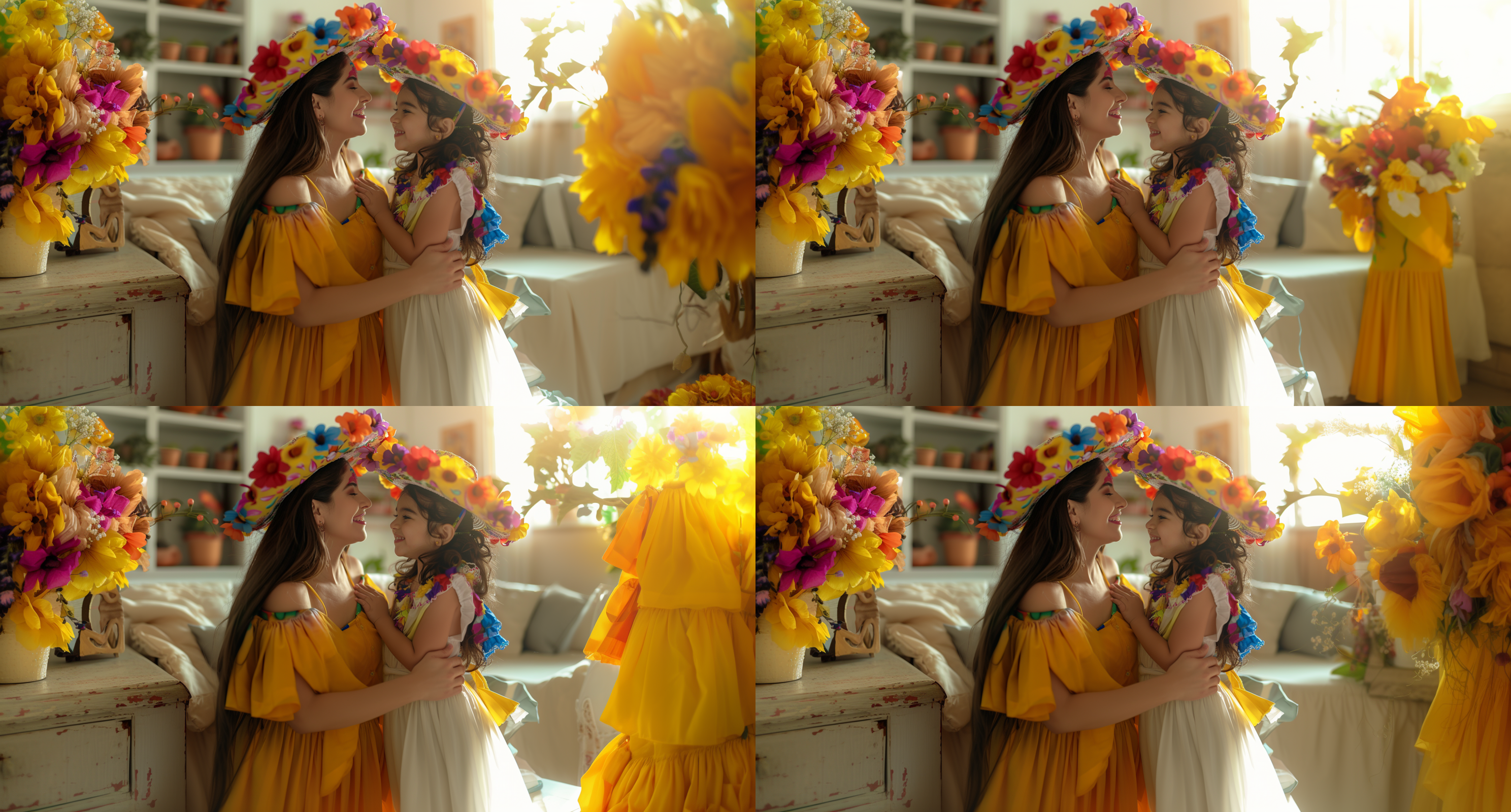 可爱的孩子和年轻的妈妈戴着墨西哥节的帽子，在进行亲子间的互动，愉悦的，开心的，白色和黄色的客厅背景，明亮的光线，明亮的，正面，高清，8k，人物视角，墨西哥亡灵节，派对，真实的照片