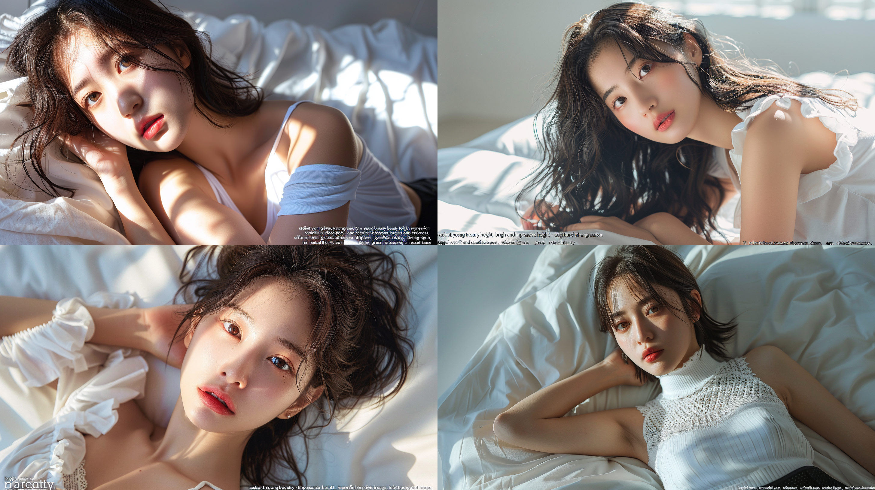 by ox the 18 - year - old chinese e - commerce model is a radiant young beauty standing tall at a height of 175cm. with a bright and cheerful expression on her face, she exudes an infectious sense of happiness that instantly captures the viewer's attention. lying on a bed, she strikes a relaxed and comfortable pose that adds a touch of intimacy to the image. dressed in a white short - sleeved top and black shorts, she presents a youthful and energetic image that radiates a sense of carefree charm. set against a clean white background, the model's striking figure and natural beauty are showcased in their full glory, creating a sense of effortless elegance and grace that is simply mesmerizing. shot through a sonrry a7r5 large aperture circular lens, every detail is expertly captured in stunning clarity, showcasing the photographer's exceptional skills. as a professional photographer, you can use descriptive language such as "radiant young beauty, " "impressive height, " "bright and cheerful expression, " "infectious happiness, " "relaxed and comfortable pose, " "youthful and energetic image, " "carefree charm, " "effortless elegance, " "grace, " "striking figure, " "natural beauty, " "mesmerizing, " "expertly captured, " and "exceptional skills" to convey the essence of this image.