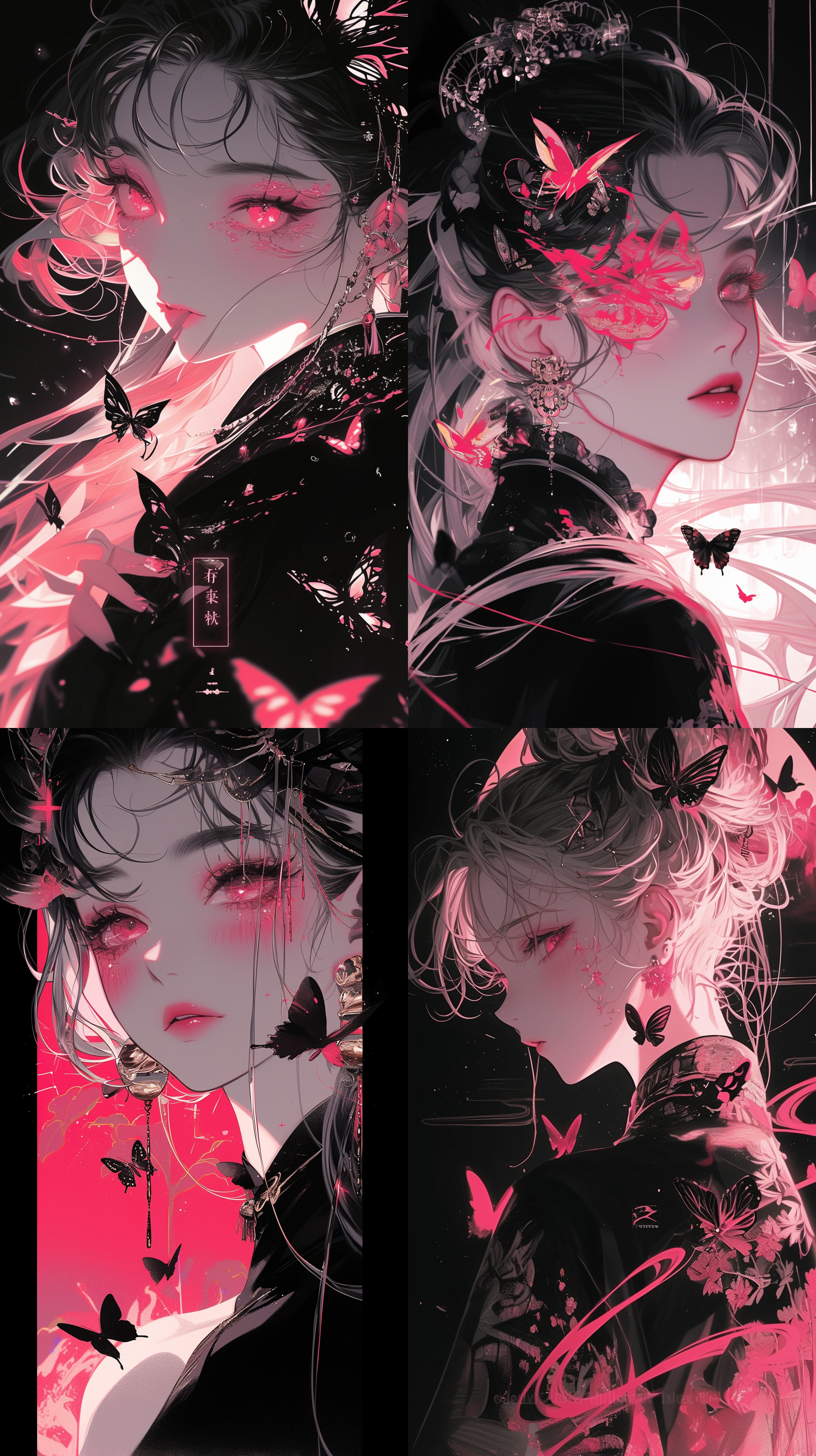 20世纪70年代的动漫少女，圆脸，粉色轮廓，被黑色蝴蝶包围，极简风格，金箔叠加风格，霓虹灯注入数码主义，暗色浪漫插画，特写，暗黑与粉色，哑光黑色背景，正视镜头，不遮挡脸部