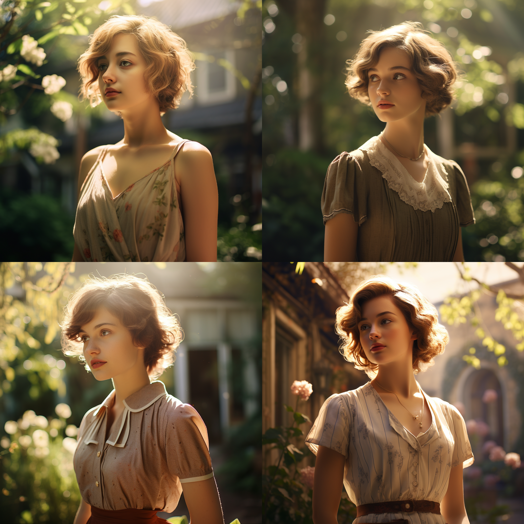 短发女孩，穿着复古风格的连衣裙，站在阳光明媚的花园里，微笑着看向远方。柔和的色调，逆光拍摄，自然表情，温暖的氛围，轻松愉悦的情绪。