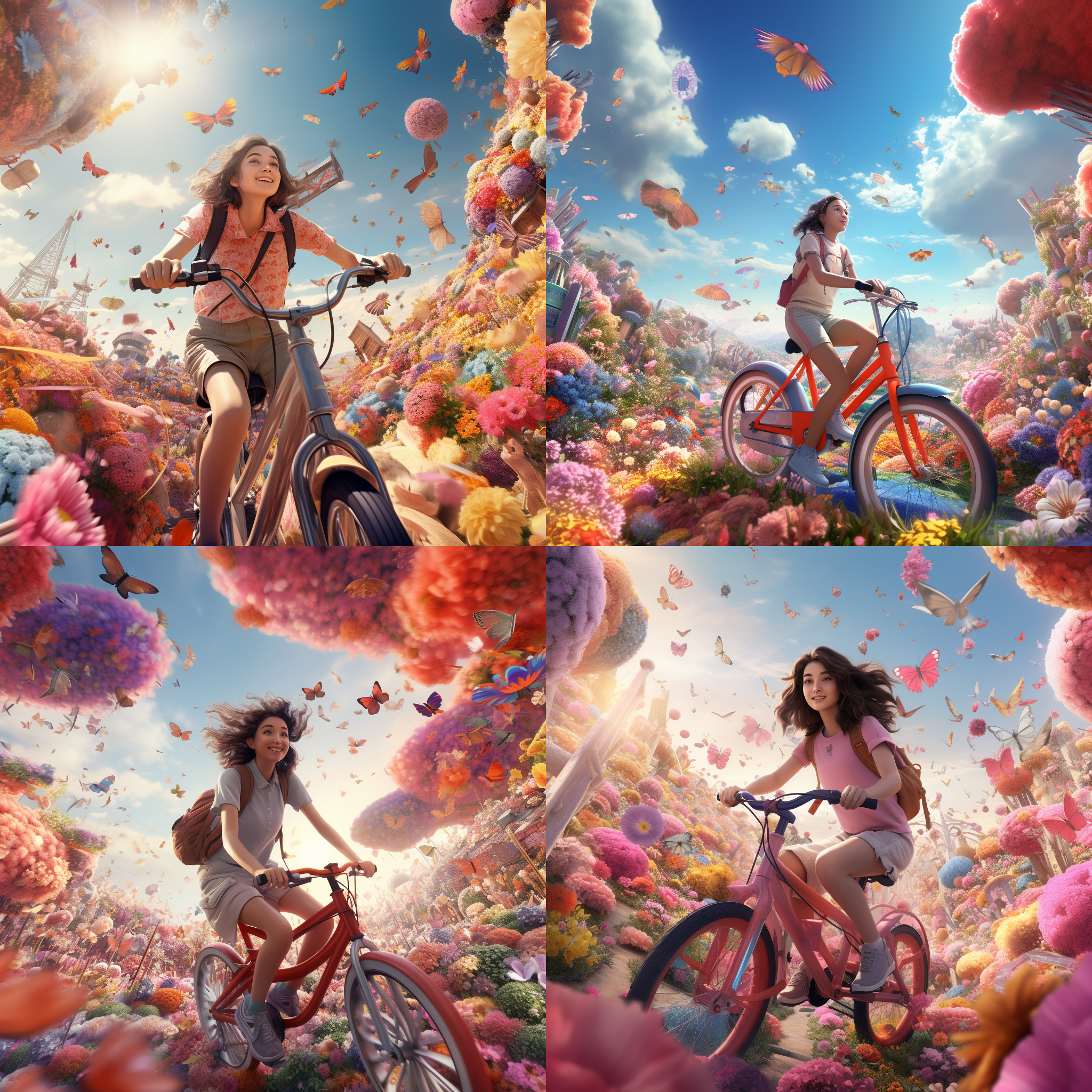 女孩骑电动车，花海中，3d艺术品，皮克斯风格，复杂细节，3d渲染，8k，中焦镜头，正视图，ar16:9，色彩丰富，欢快。