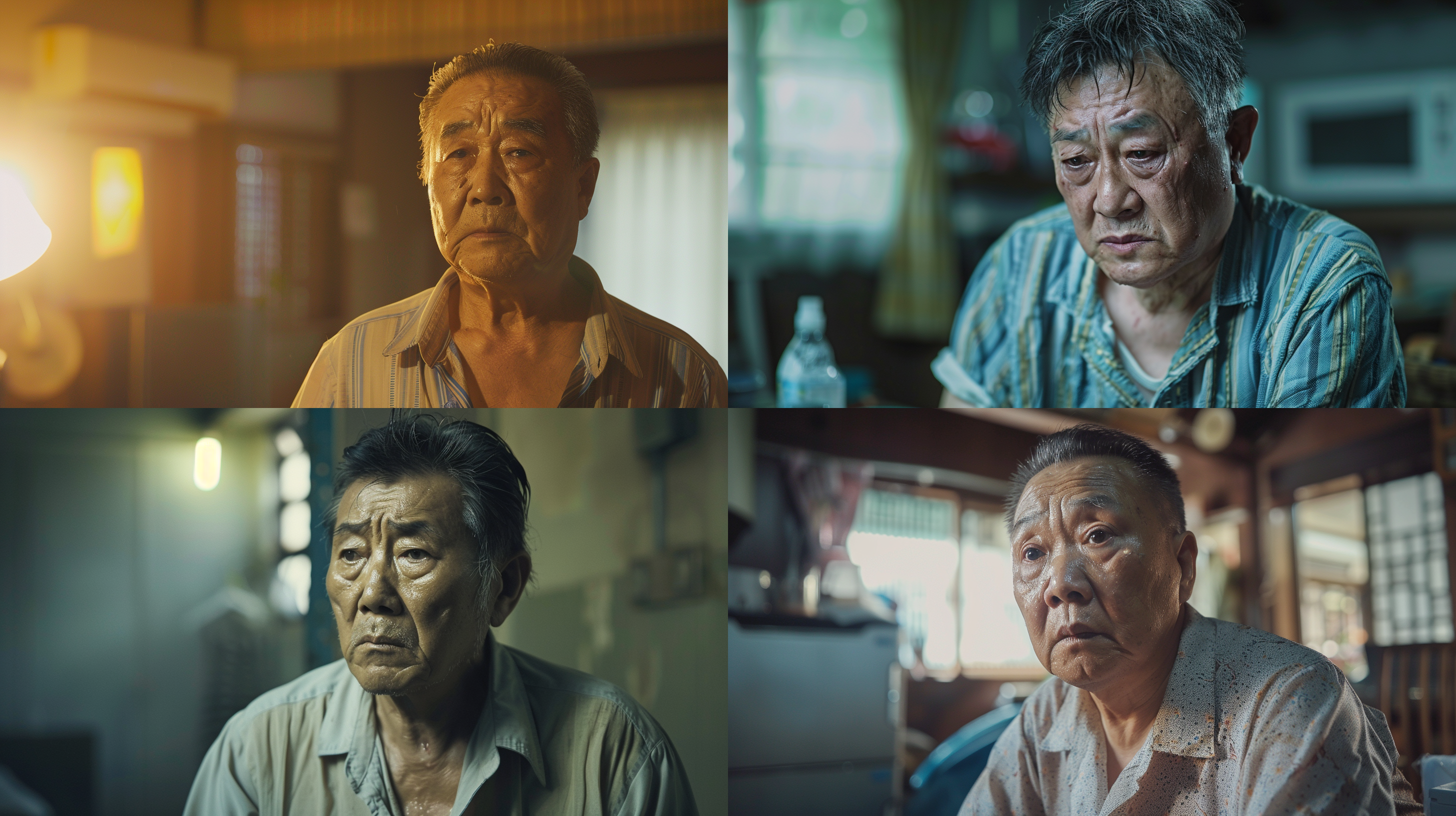 60岁老头，中国人，痛苦，画面明亮，全身，室内，阳光，远景，短袖, 沉思, 忧郁, 镜头焦距，环境光，全身肖像构图。 全身角色 全身 超现实主义