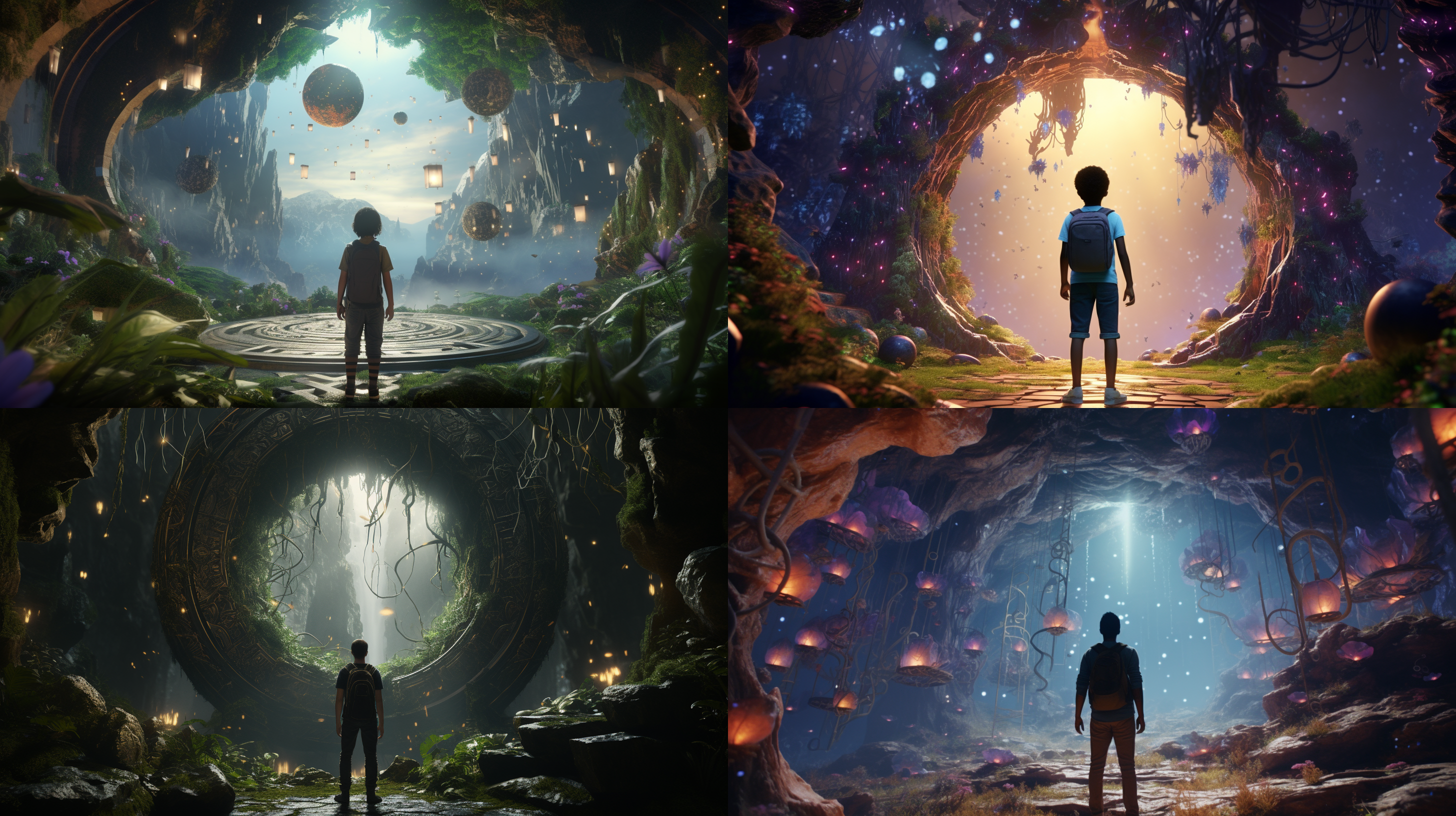 3d animation, personality: johnny stepping through a shimmering portal into a magical land filled with floating islands and mystical creatures, curious expression on his face, unreal engine, hyper real