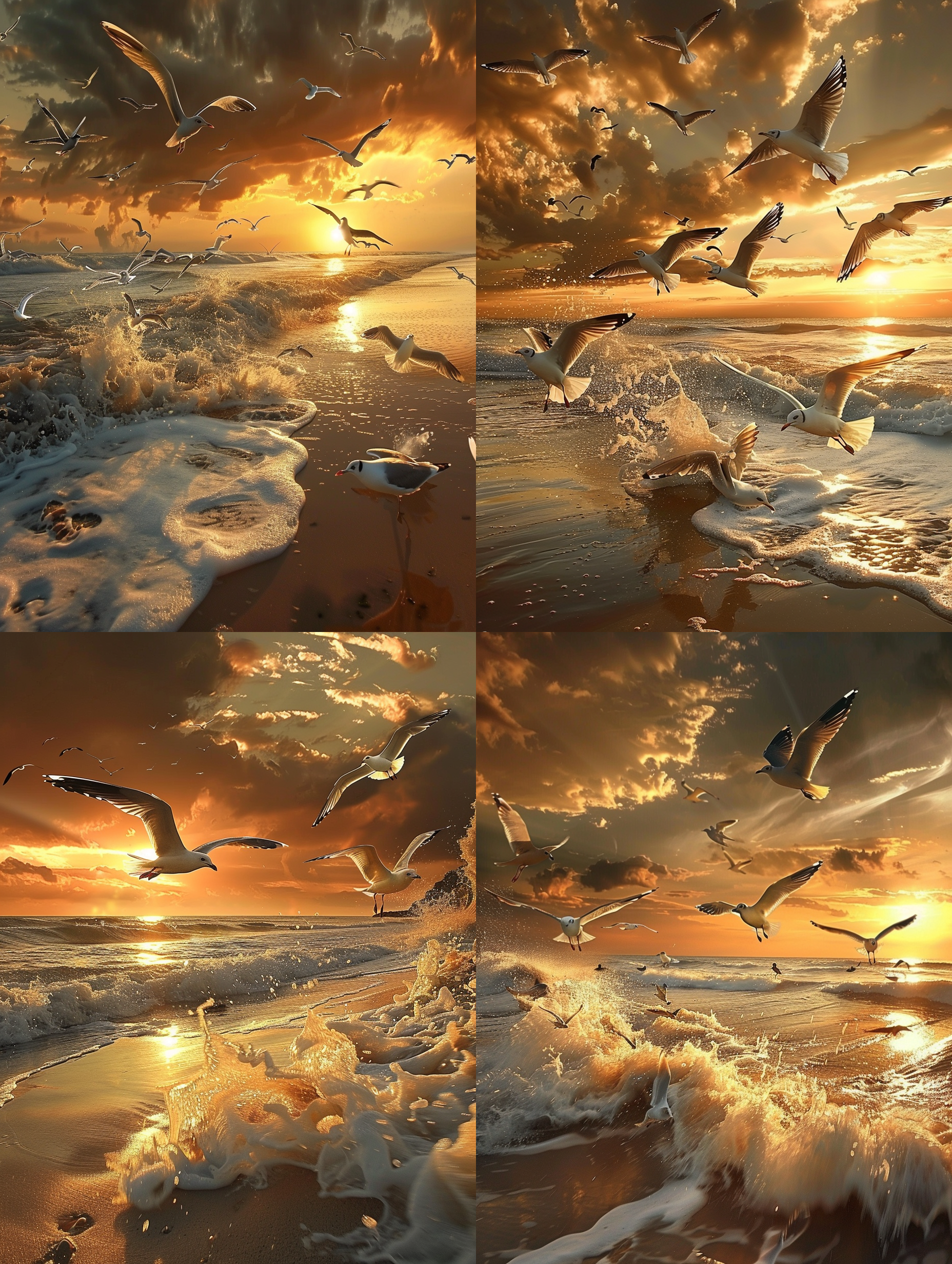 海鸥飞过海滩，夕阳西下，黄金时刻，宽广的沙滩，海浪拍打，飞翔中的海鸥，剪影，暖色调，自然光，慢门，自然美景，宁静和自由。