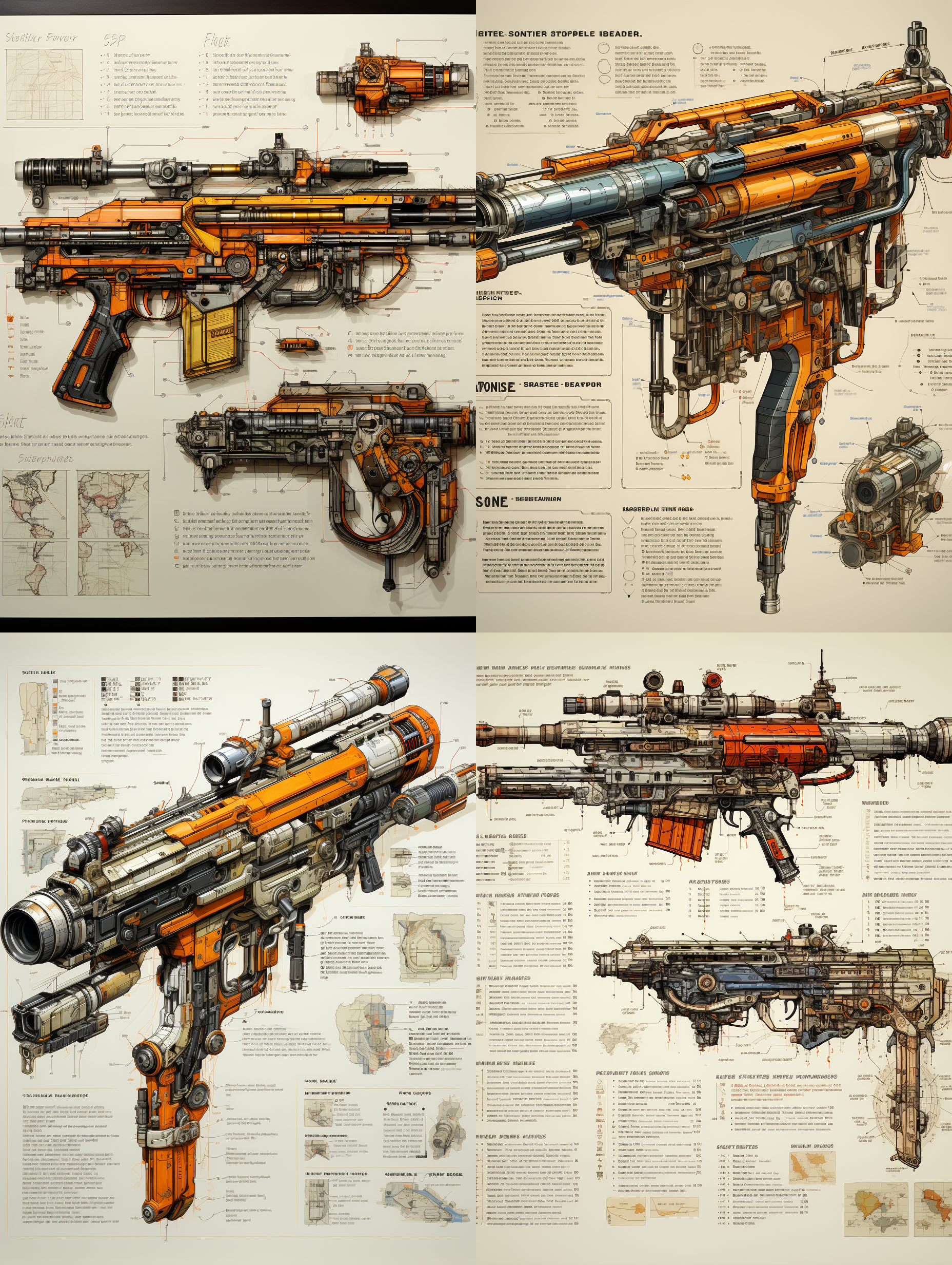 knolling layout of sniper rifle, high-tech, super tough, straight line and broken line design, scope, futuristic, hand-drawn sketch, hand-book sketch, rough style, simple watercolor, marker pen coloring, decomposition instructions, handwritten text instructions, paper texture, paper grain, 8k, sense of detail,
