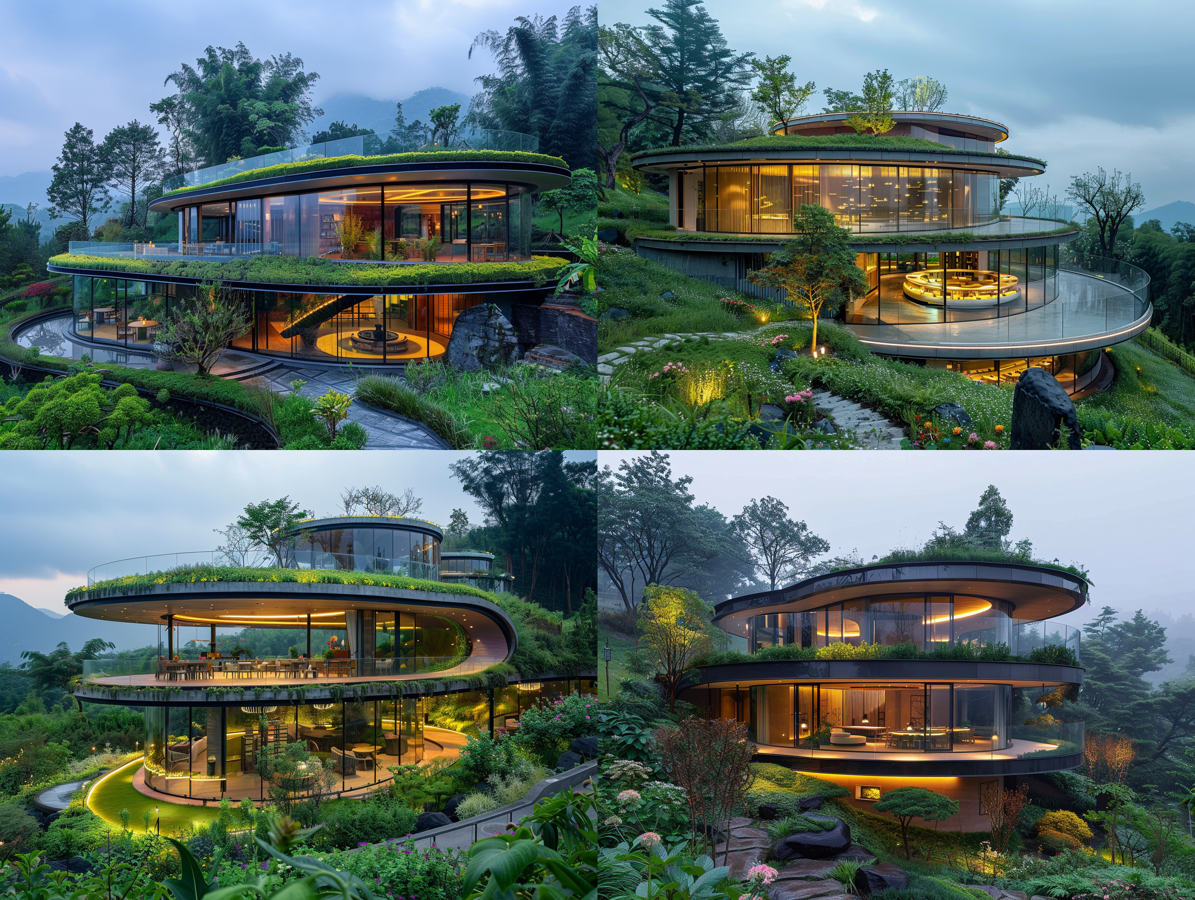 绿野仙踪景区的星空餐厅设计，圆形的，约500平方，二层建筑，外墙以透明的玻璃为主，民族特色，在一个山顶上建造，周围有绿色的树木和花朵，田野，极简风格，宽大的落地窗