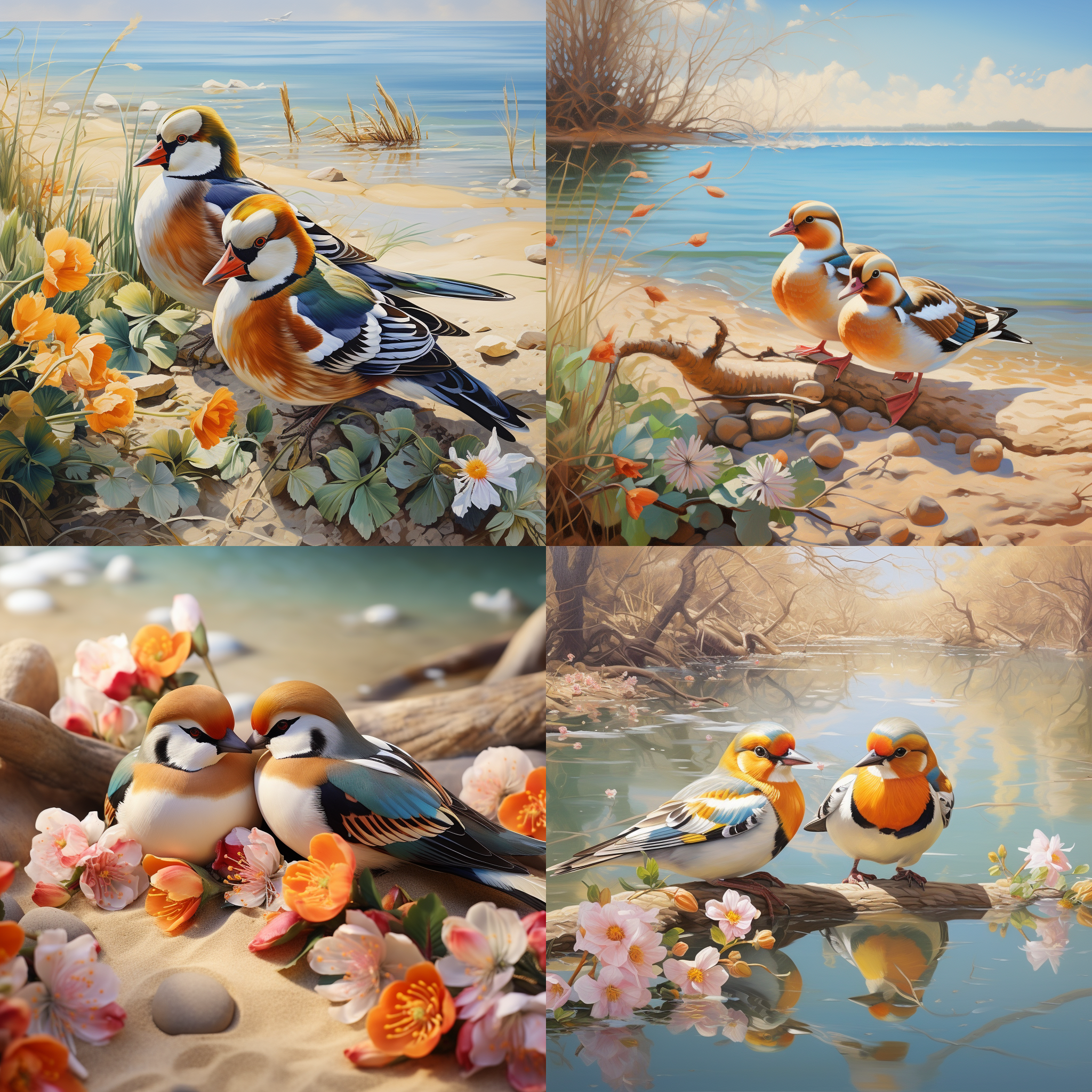 美丽的春天，燕子在飞，两只鸳鸯在湖边的沙子上睡觉