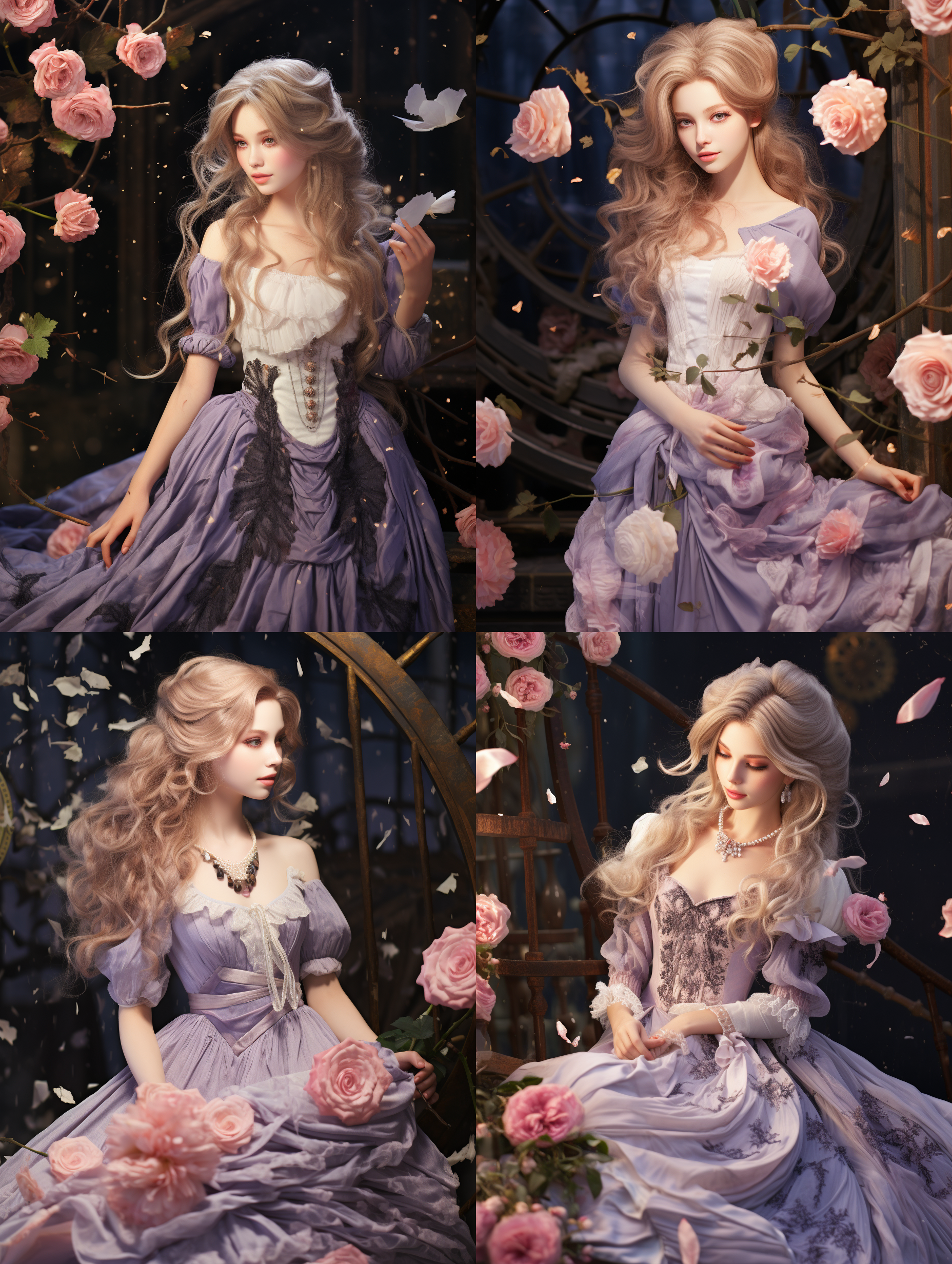 少女在蔷薇花丛中，唯美风格，柔和光线，自然环境，正面构图，粉色调，微笑，披着长发，梦幻般的氛围。