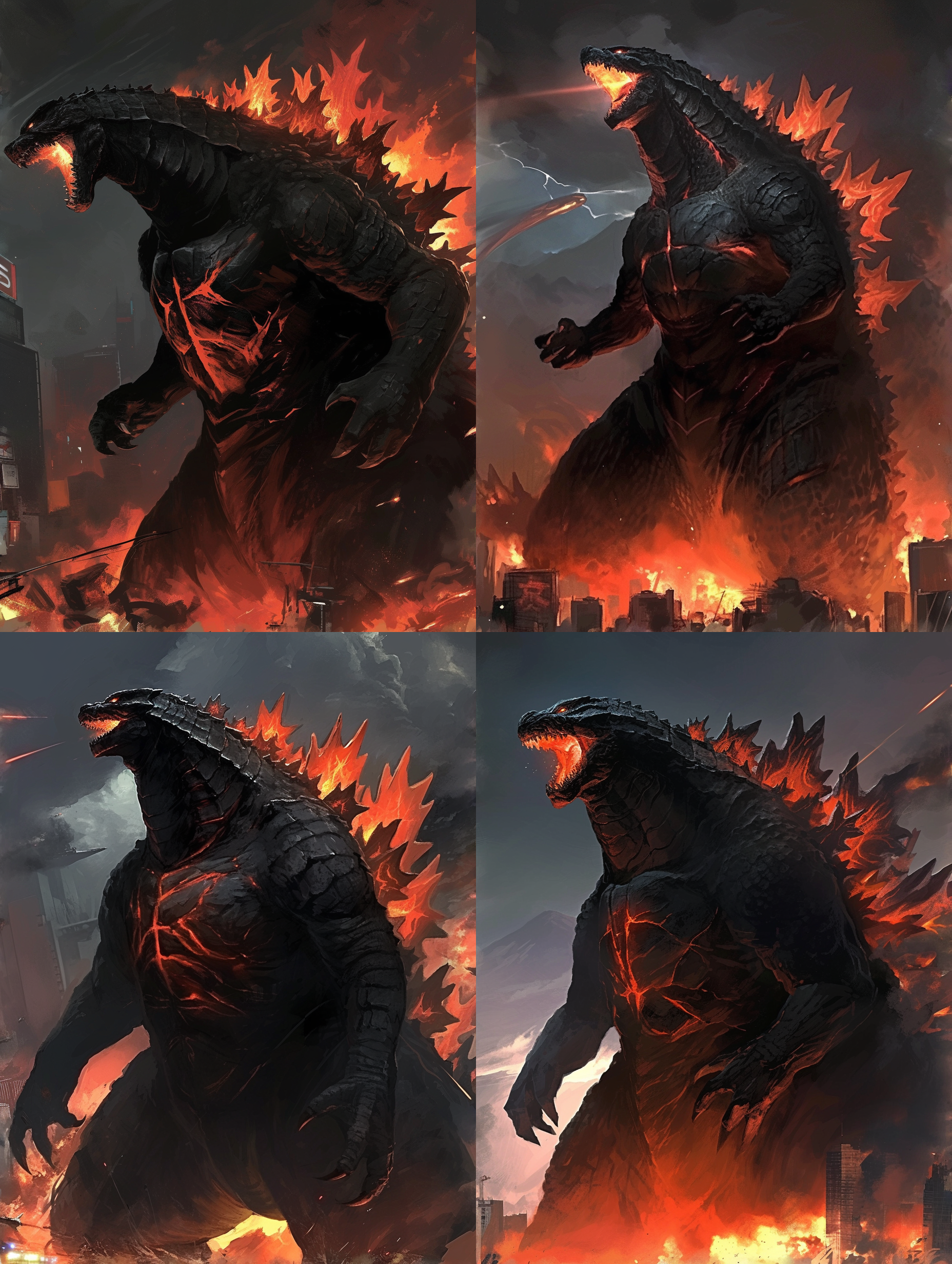 哥斯拉，猩红色的背棘，山岳般巨大的身躯，四肢粗壮巨大，未来末世，一片火海 哥斯拉，山脉背景，巨兽，炽热火焰，宏伟景象，动作凶猛，暗色调，广角镜头，特写，狂怒，强大，毁灭。