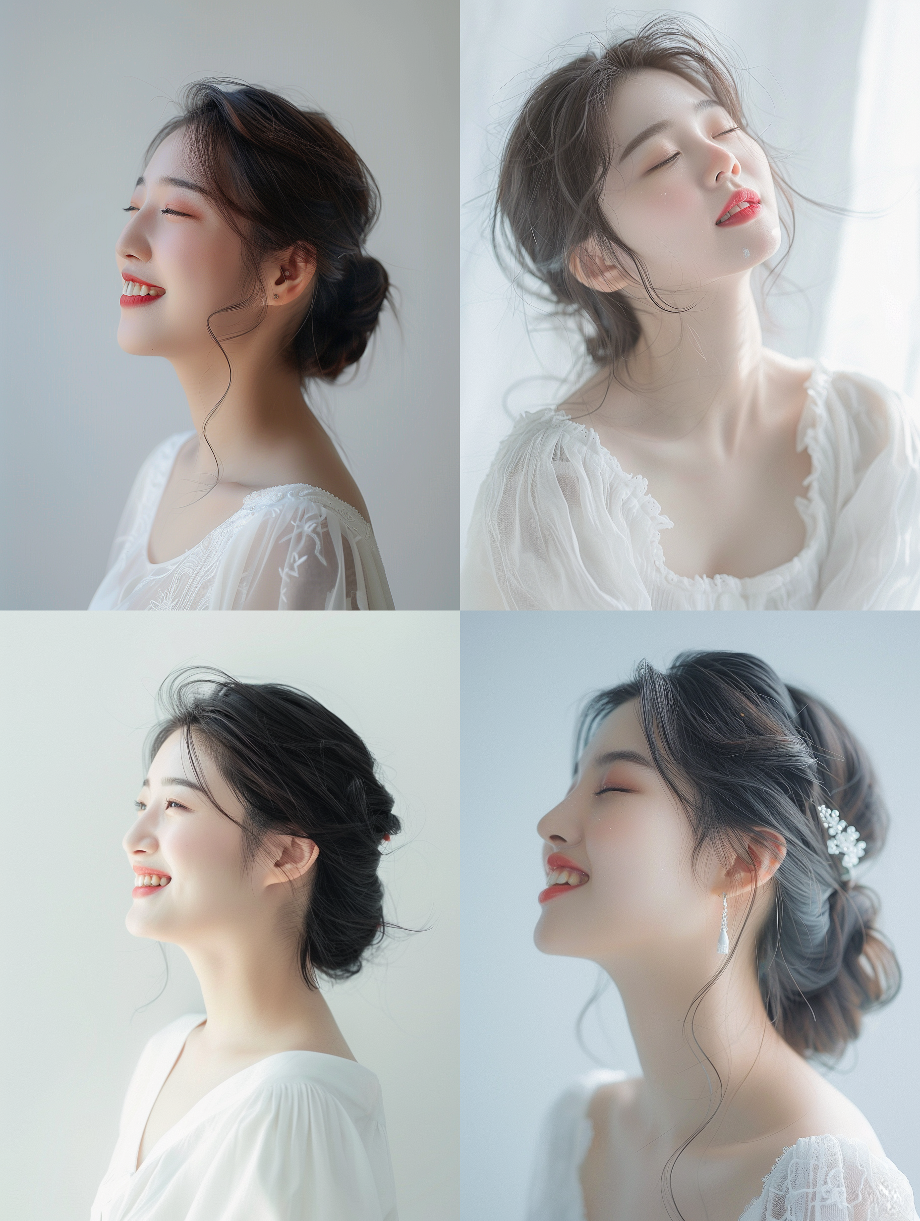 韩国女生，女性肖像大片，迷人的侧脸，雪白的皮肤，流畅线条，自信优雅，微笑，8k，肖像镜头，面带微笑，白色连衣裙，简约纯色背景 人像摄影, 侧光, 高清晰度, 简约, 自然光, 人物特写, 柔和色调, 优雅, 韩国风, 肖像, 美丽. 高调照明 干净背景 半身