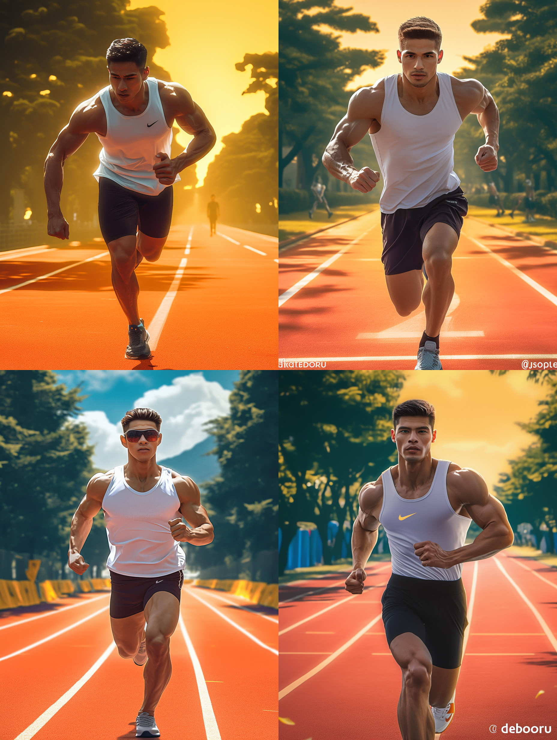 一位身穿运动服的健将站在起跑线上，准备出发。背景是起伏的山脉，远处是日出的橙色天空。健将的表情专注而坚定，肌肉线条凸显。运动健将海报，高角度视角，山脉背景，日出光线，长焦镜头，奔跑动作，肌肉线条，橙色调，坚定自信。