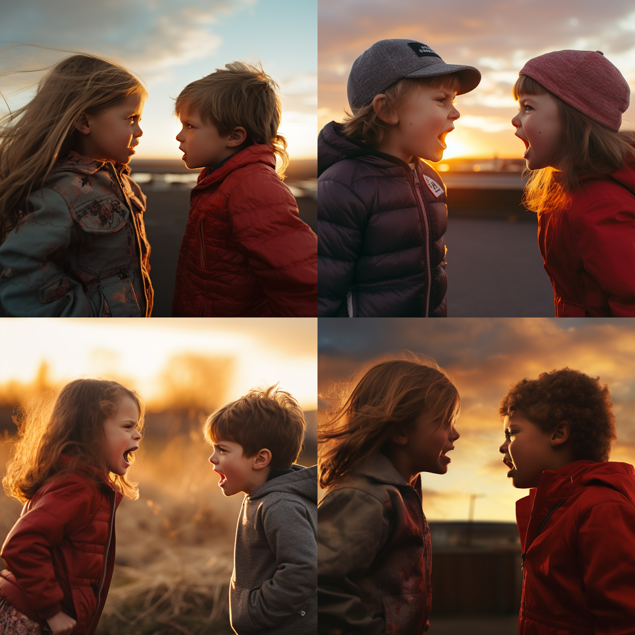 两个小孩吵架，户外场景，日落余晖，长焦镜头，情绪化表情，对峙，冲突，红色衣服，蓝色衣服，愤怒，激动，对比。