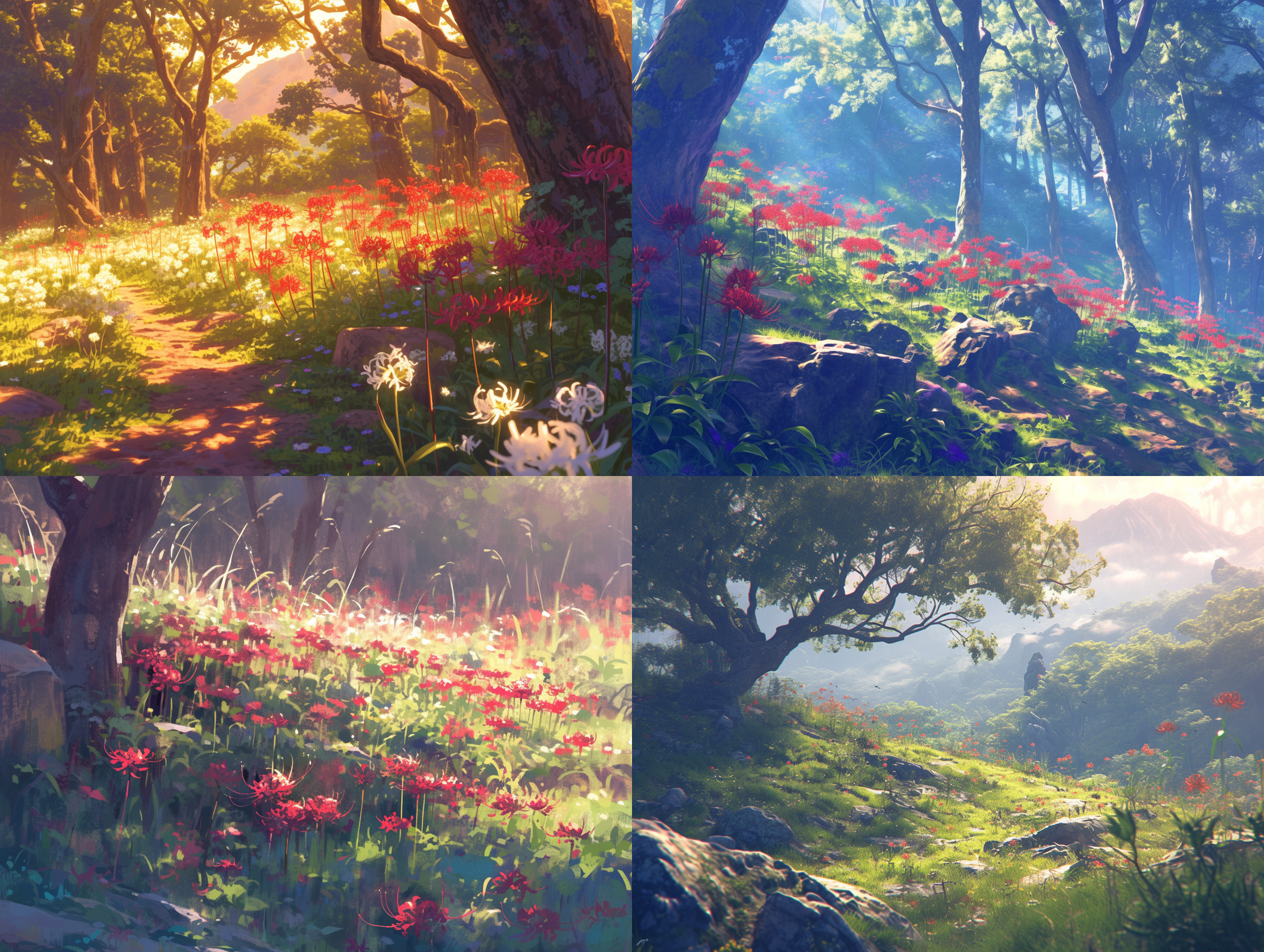 满山的彼岸花，阳光，泰山，武术氛围，高清渲染，三维渲染，32k，武侠风格