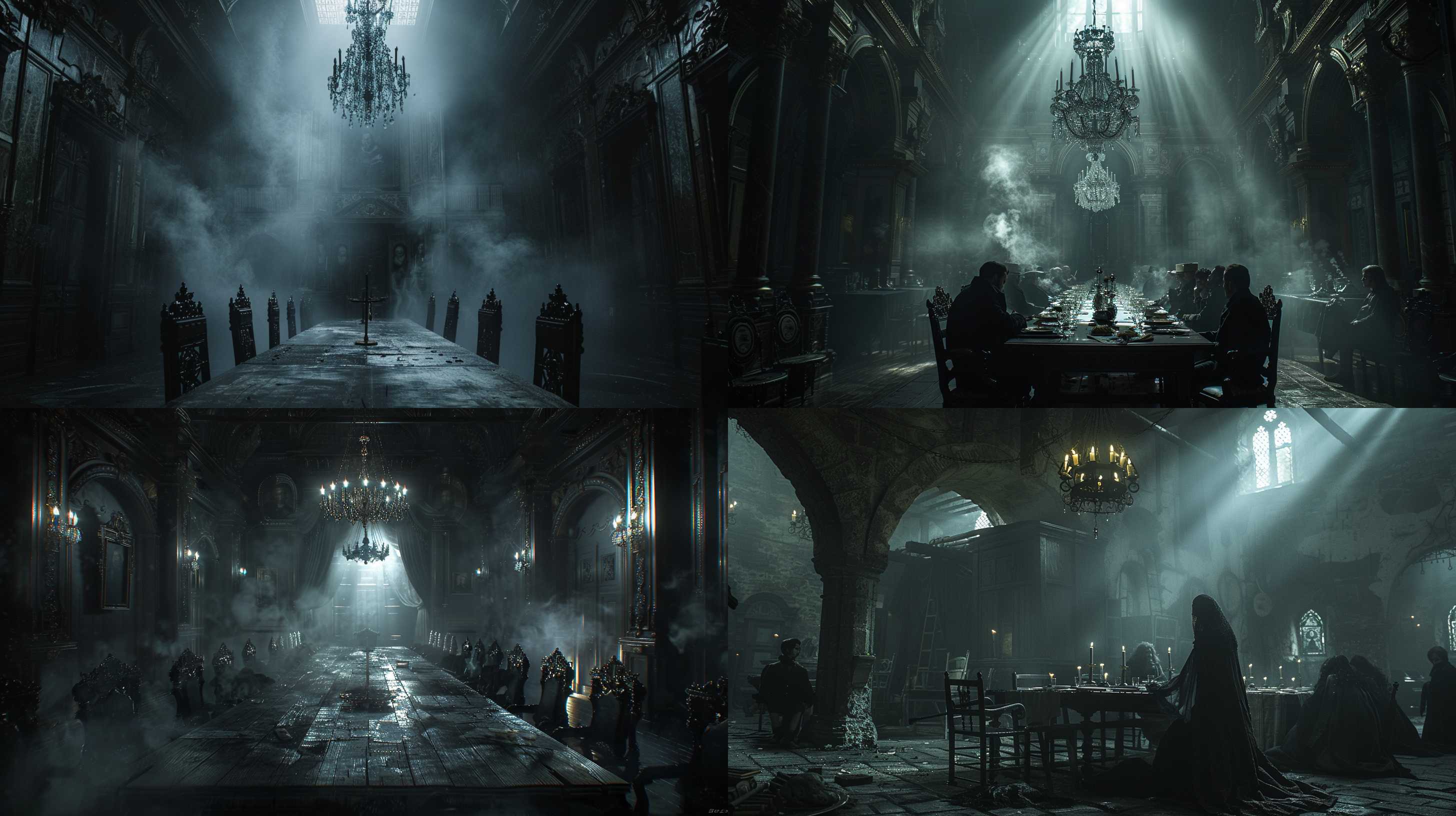 古堡内阴森场景，一群人在餐桌前谈判，昏暗照明重点照明，薄雾弥漫，古老家具，恐怖氛围，极端对比度，静态构图，暗色调，窥视角度，8k，高清画质