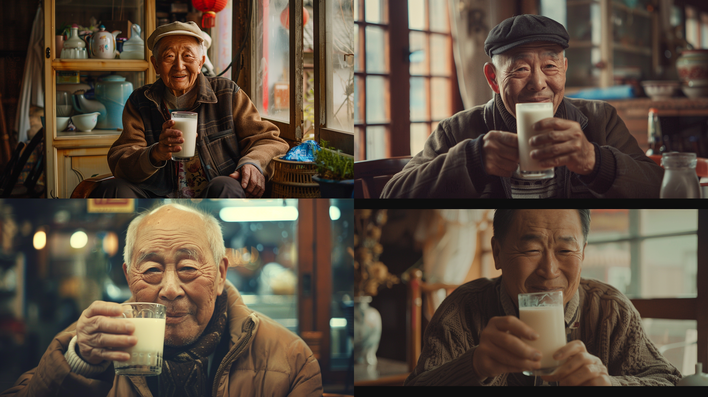 中国大叔喝牛奶，对称构图，室内环境，温暖色调，中焦镜头，静态，放松，柔和光线，微笑，舒适。 超现实主义