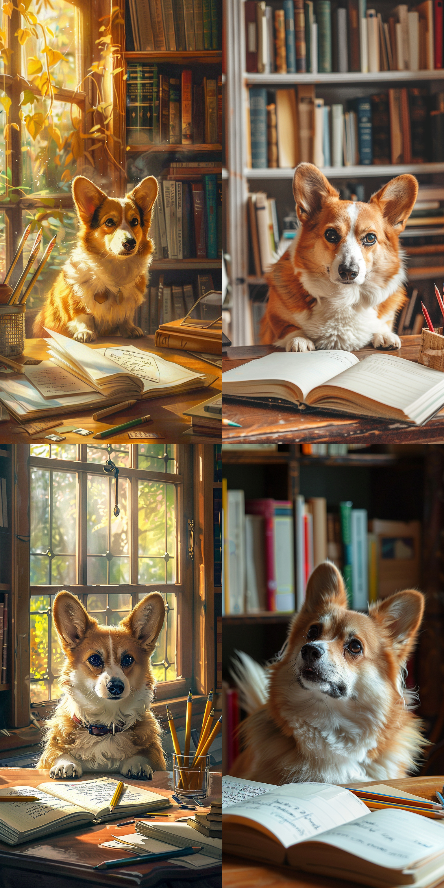 柯基在考试，专注的表情，坐在书桌前，背景是书架和窗户，明亮的自然光线，中等焦距镜头，温暖色调，笔记本和铅笔，紧张，专注，可爱。