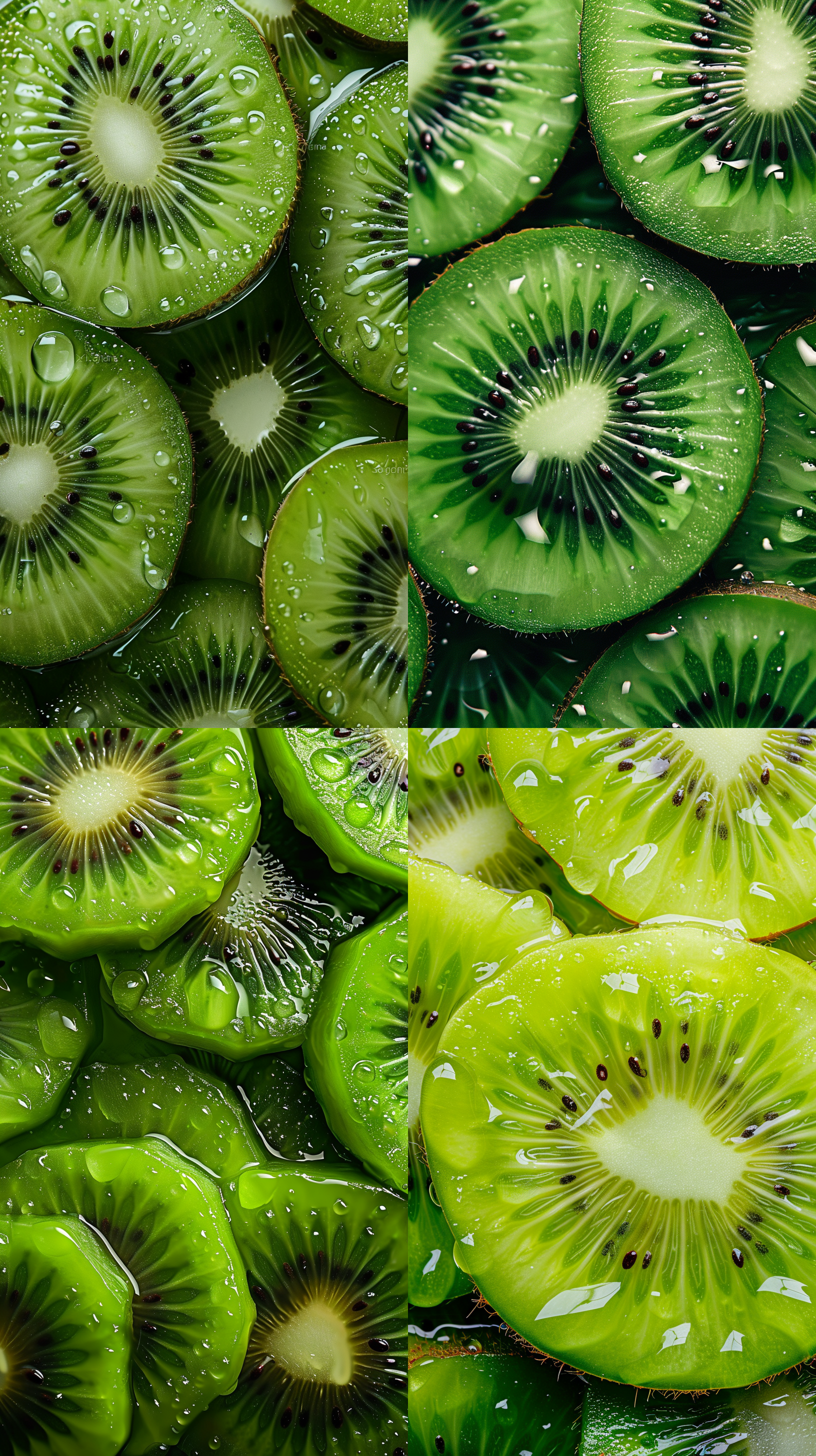 猕猴桃切片的高分辨率特写照片，展示了它们充满活力的绿色和复杂的图案。重点是每片的纹理和细节，水滴在完美的对称中闪闪发光。整个猕猴桃的背景增加了构图的深度，为手机创造了一个有吸引力的壁纸