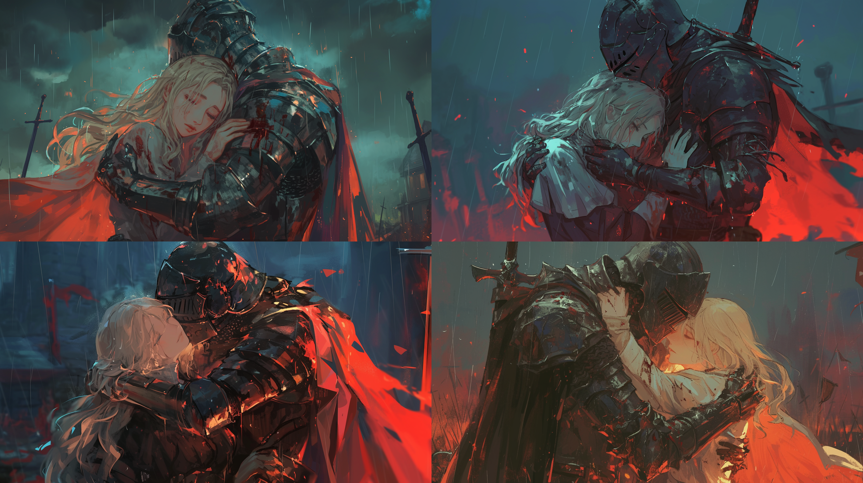 男骑士拥抱着金发修女，男骑士脸上深红色的伤疤，盔甲破烂，雨夜中，色彩对比，废墟背景