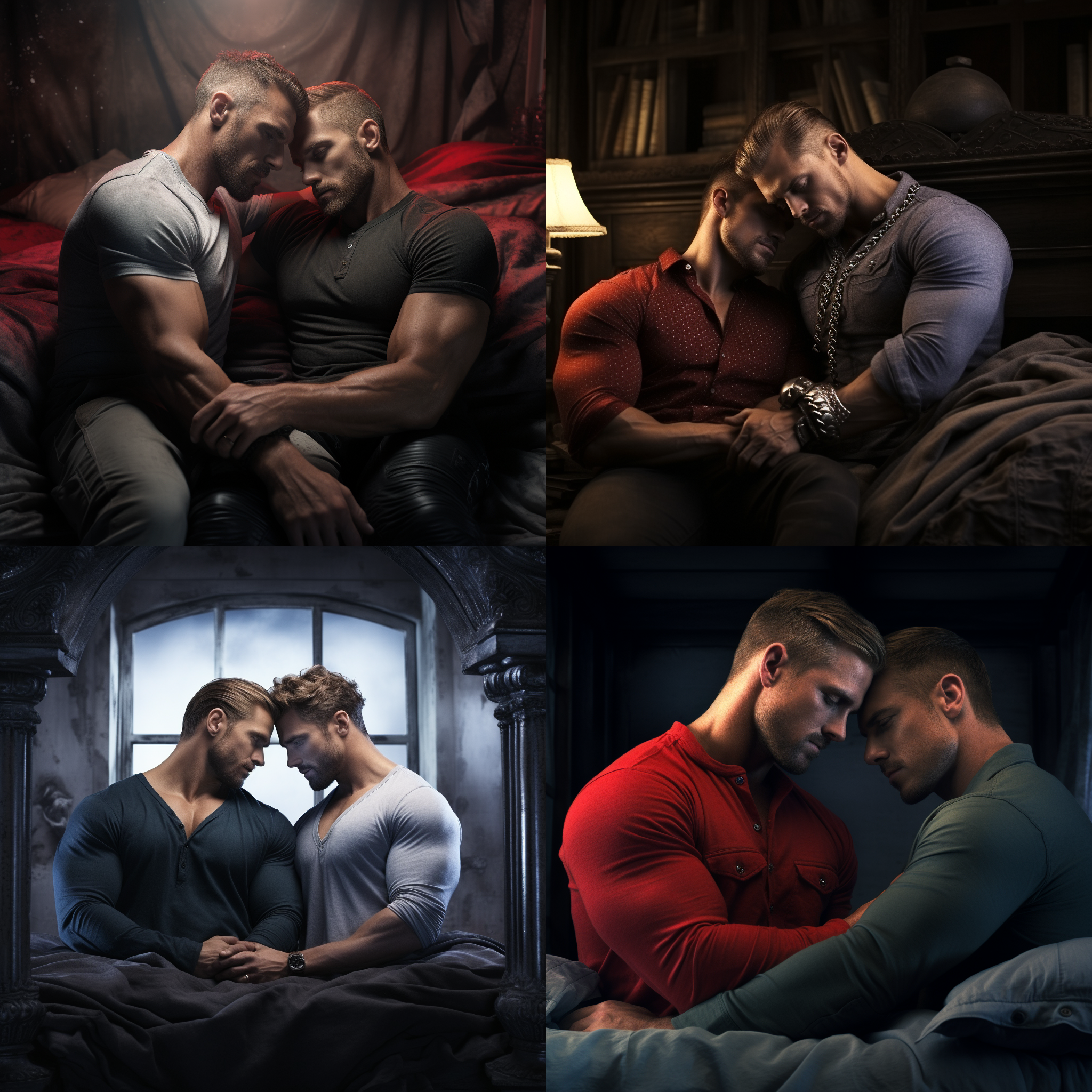 两个肌肉帅哥在床上拥抱在一起