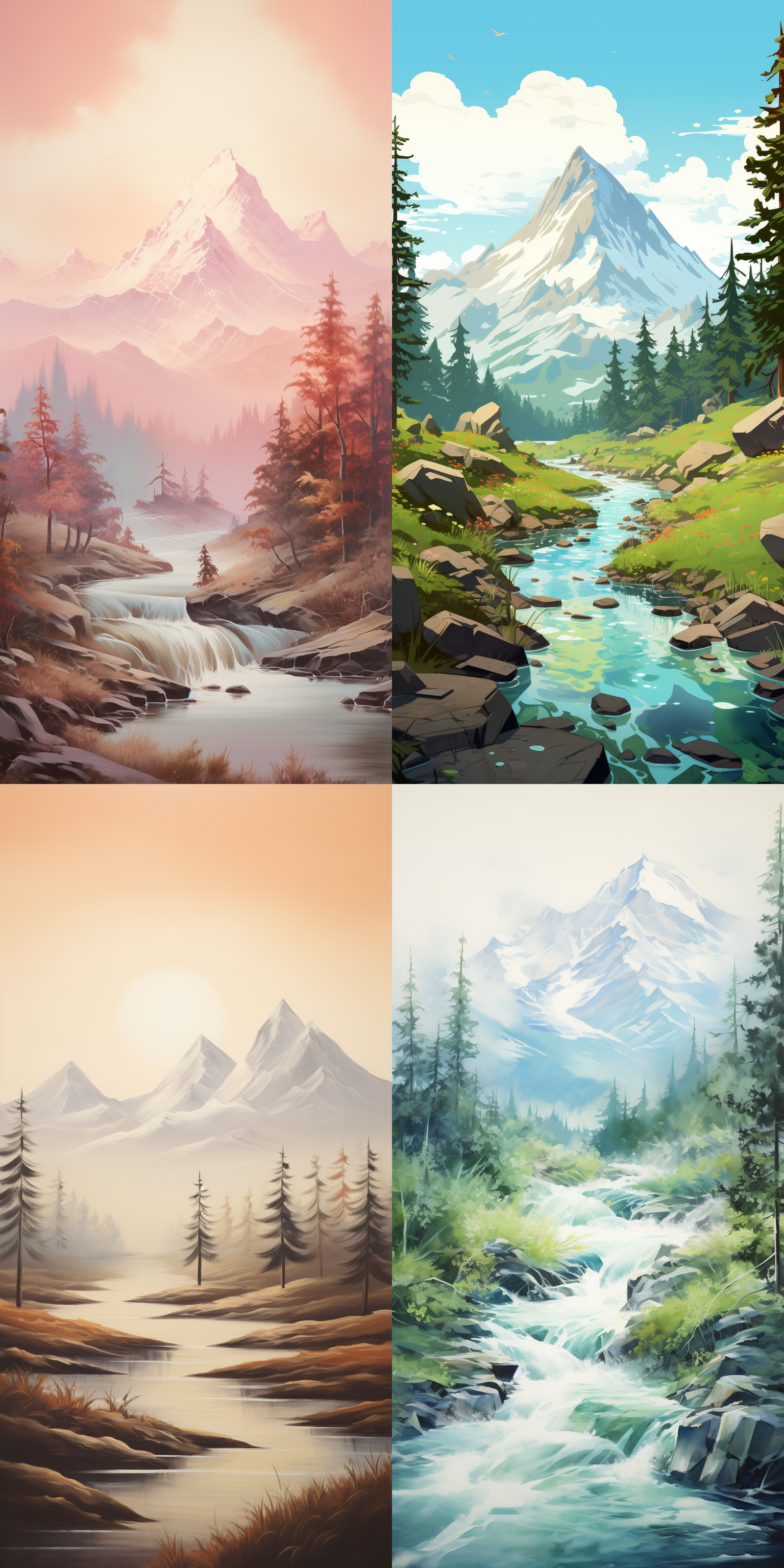 右至左三个山体，水流，松树，山水画风，自然色调，远景镜头，清澈透明，静谧，生态环境，和谐，宁静。