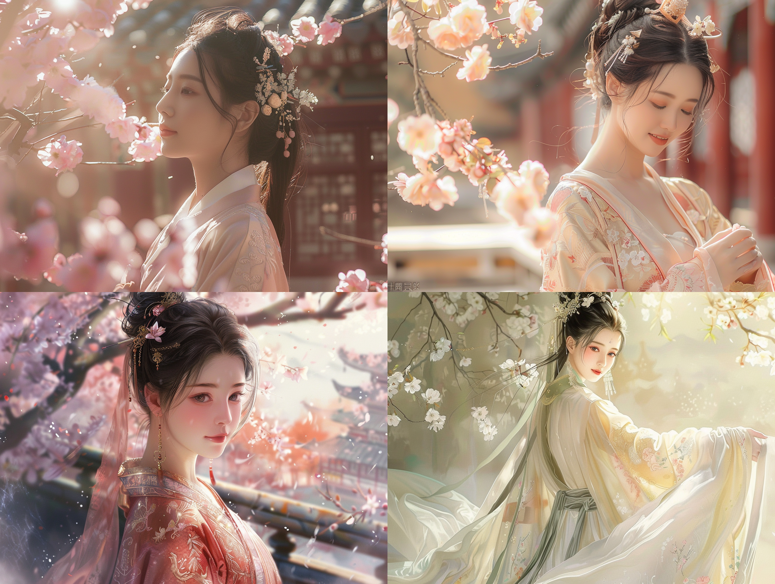 汉服少女，古风服饰，宫殿前，柔和色调，肖像镜头，微笑，舒缓动作，花朵点缀，优雅气质，暖色调，宁静。