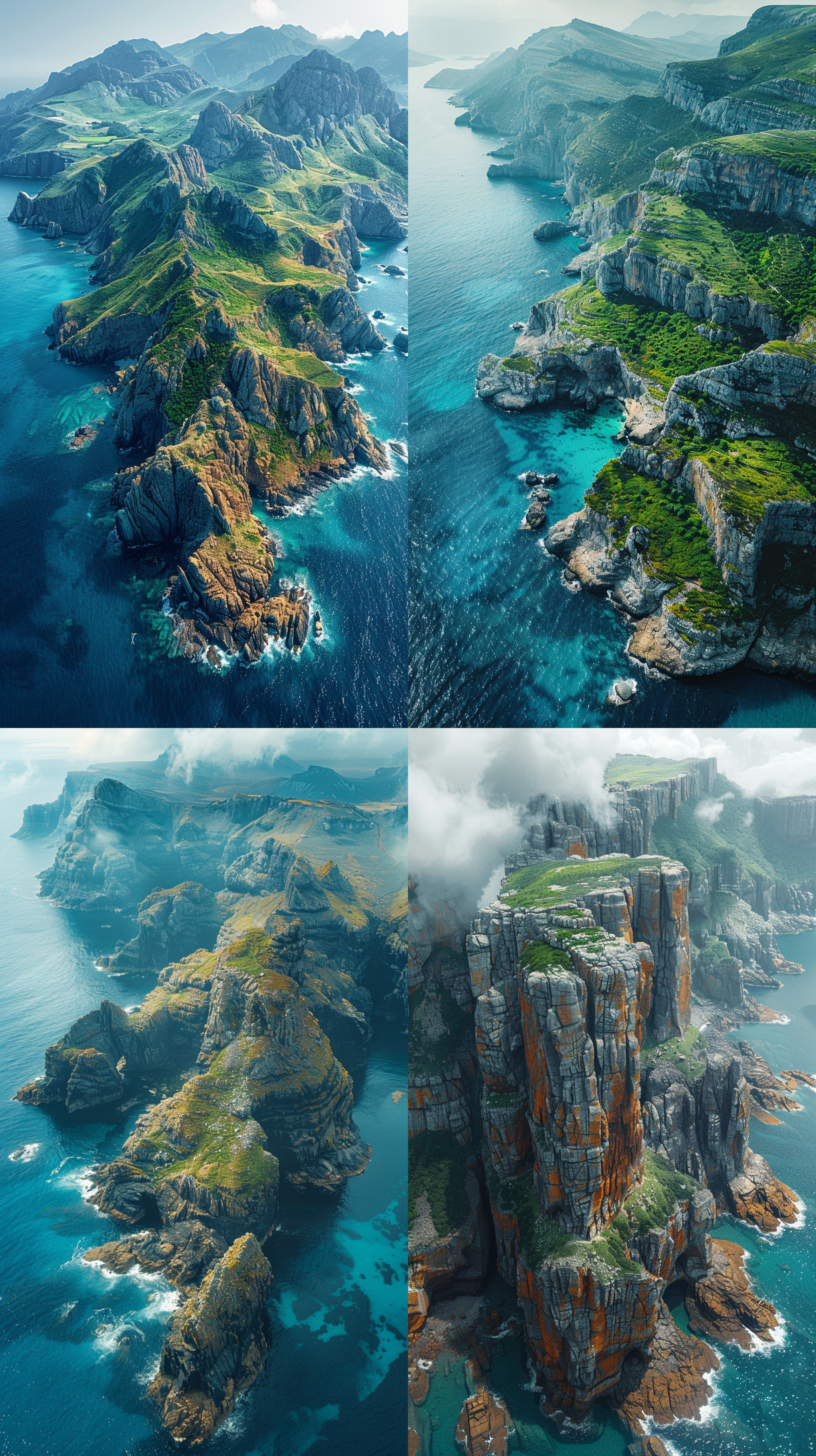 the image presents a breathtaking aerial perspective of a rugged coastal landscape, with a focus on a singular, dramatic peninsula. the peninsula itself is a marvel of geological layers, with steep cliffs descending into the cold, blue waters of the ocean. the striations on the cliff faces suggest a rich geological history, each layer perhaps representing different geological time periods and events. the topography is dramatic, with sharp peaks and ridges giving way to sloping grasslands. the vegetation, a tapestry of various hues of green and yellow, suggests a tundra-like environment, possibly indicating a subarctic climate. the coastline is indented with rocky outcrops and small inlets, adding texture and complexity to the seascape. the weather is dynamic, with sunlight piercing through the clouds, creating a soft, diffused light that enhances the topographical contrasts and casts gentle shadows, evocative of isolation and the raw beauty of nature.-ar 16:9