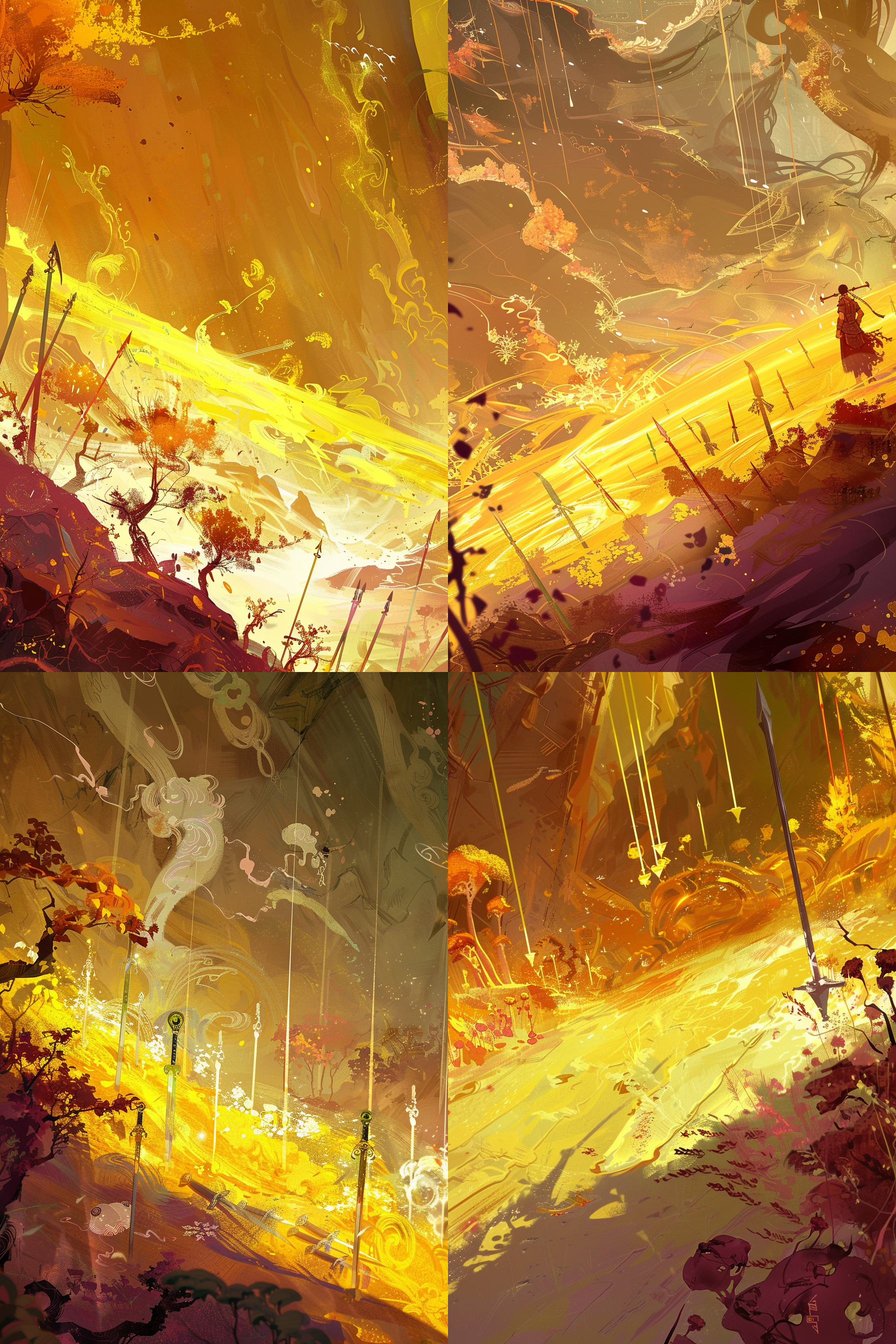 国潮装饰画，华丽的插画，淡雅黄色，沙漠，黄沙，枯树，很多剑插在地面上，古代战场，高质量，东方美学，岩彩，板绘，颗粒感, 色彩丰富, 画面细节丰富, 融合现代与传统, 气势磅礴, 富有历史感, 高清晰度, 油画效果, 柔和光影。