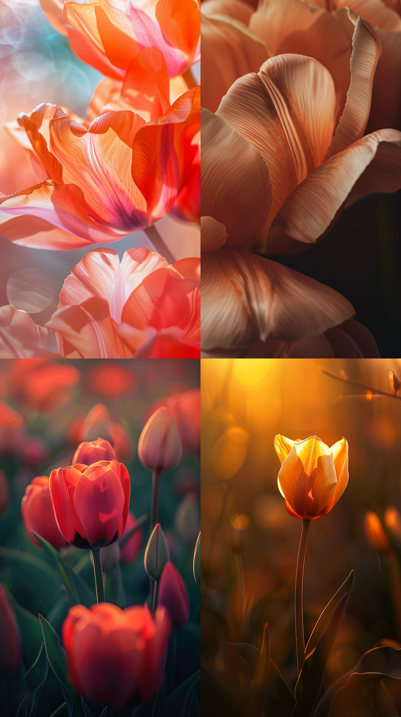 郁金香，花海，摄影，写实，特写镜头，暖色调，侧光，软光，自然光，机器佳能r6，镜头720f4，高清32k