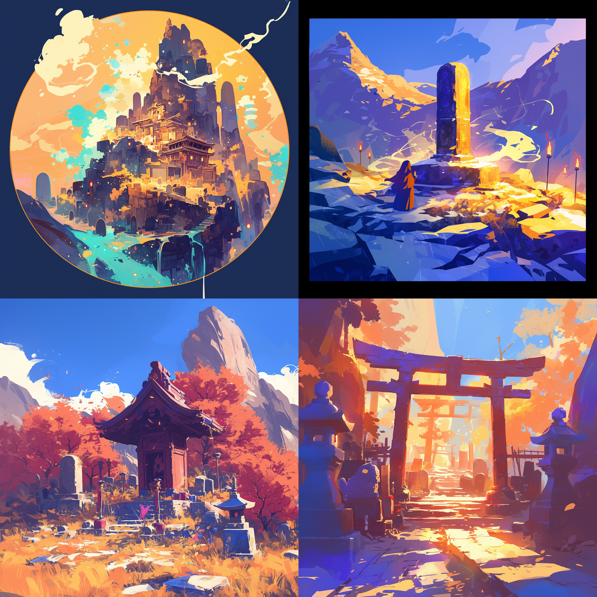 山地环绕，卡通风景画，墓碑，祭拜食物，香火，卡通画, 数码艺术, 彩色, 光影, 幽静, 神秘, 欢乐, 温馨