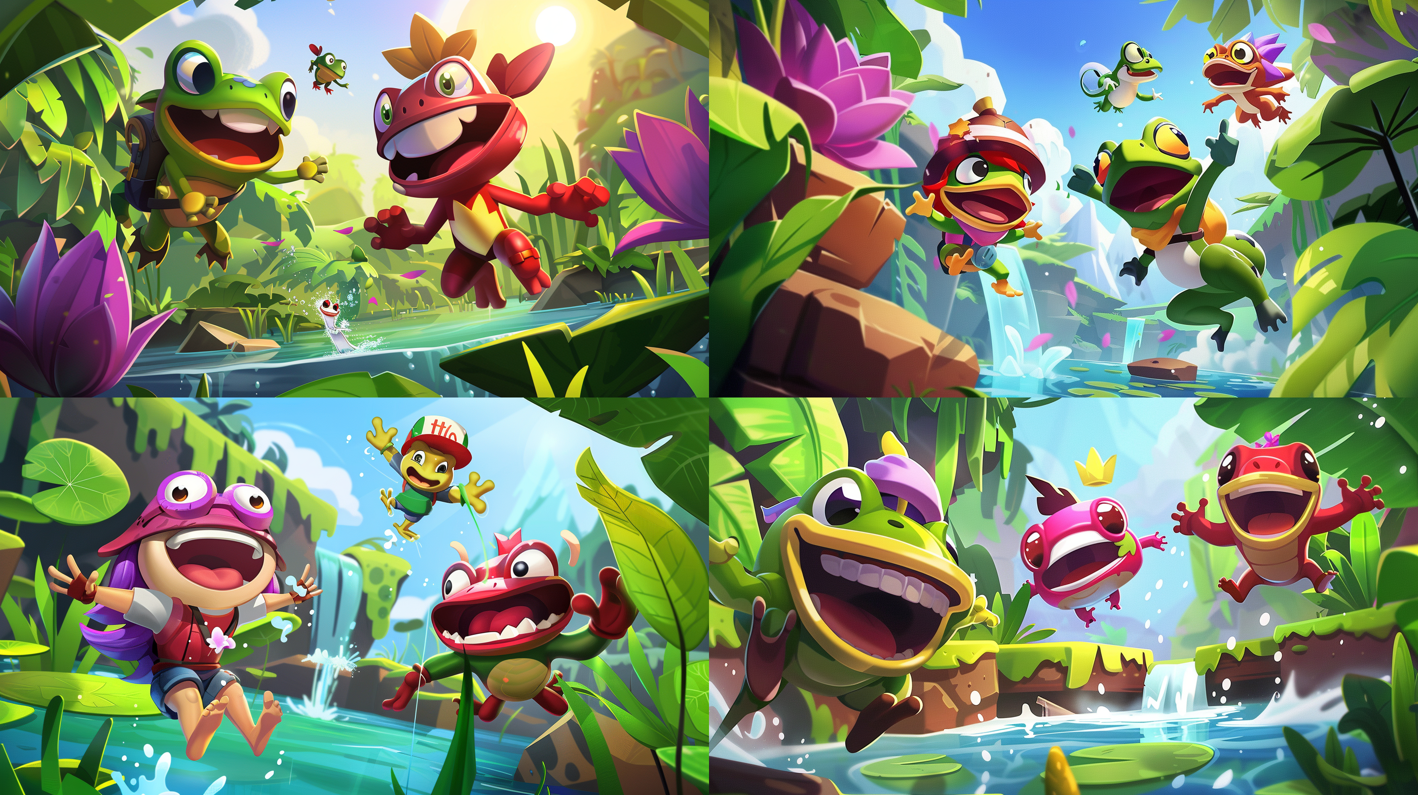 夏天，池塘，荷叶，植被茂盛，阳光明媚，两个卡通人物在水中嬉戏，青蛙跳起来，近景，视角拉近，游戏插画，细节丰富