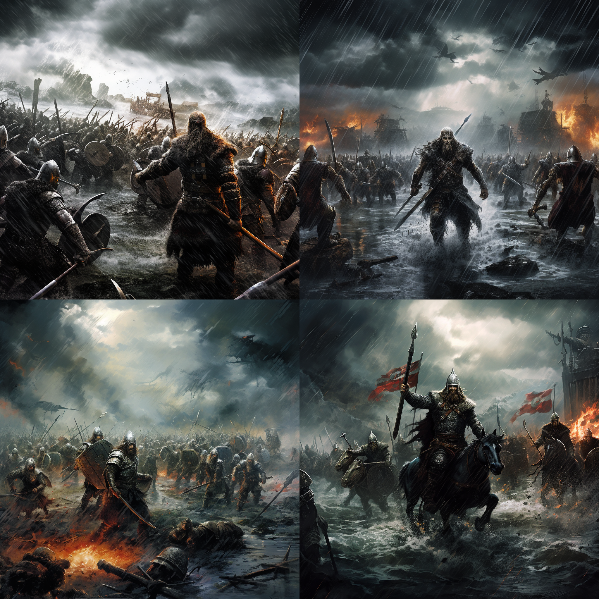 维京战士交战，荒凉平原，暴雨倾盆，风中旗帜猎猎，乌鸦旗与断剑旗，挥斧长剑，闪光盔甲，愤怒威严，火焰浓烟，风暴袭击，湿润盔甲武器，倒地士兵。