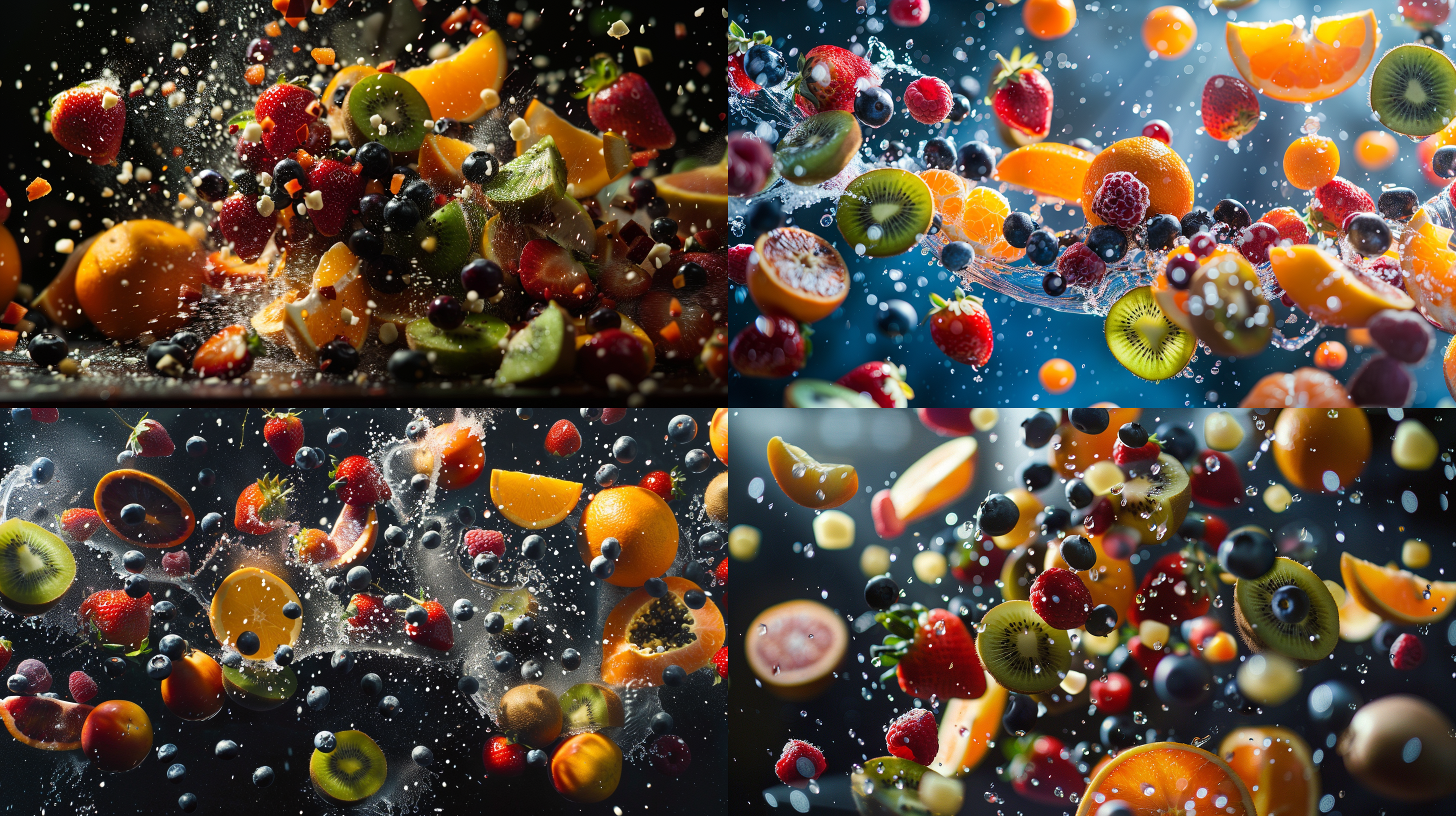 in this photo, you'll see an explosion of fruits in the air, frozen in time for a split second. the fruits include oranges, strawberries, blueberries, kiwis, and more, all suspended mid - air. it's as if someone has thrown a handful of fruit into the air and captured the moment before they fell back down. the vibrant colors of the fruits create a beautiful and eye - catching display, making it perfect for use in advertising or as a background image. the unique composition and playful feel of the photo will attract a wide range of audiences, including health - conscious individuals, foodies, and those who appreciate art and creativity. the photo was taken using a high - speed camera with a fast shutter speed to freeze the motion of the fruits in the air.