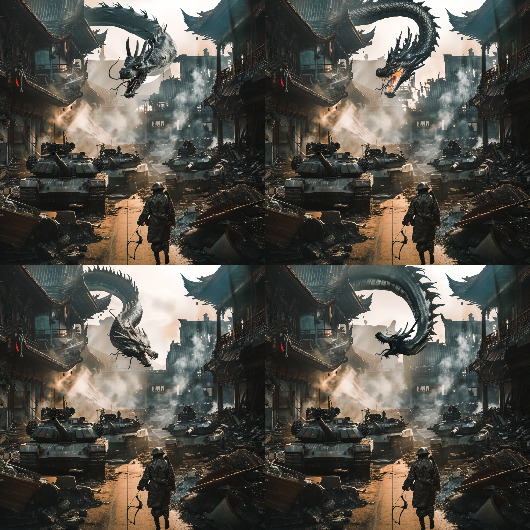 刘备，关羽，张飞，三个人，开着装甲车在跟开着坦克的吕布战斗。, 战争场面，动作镜头，重型装备，烟雾弥漫，高速快门，紧张气氛，战斗色调，英雄主义情绪。 电影风格 废弃城市群 360度全景 电影灯光