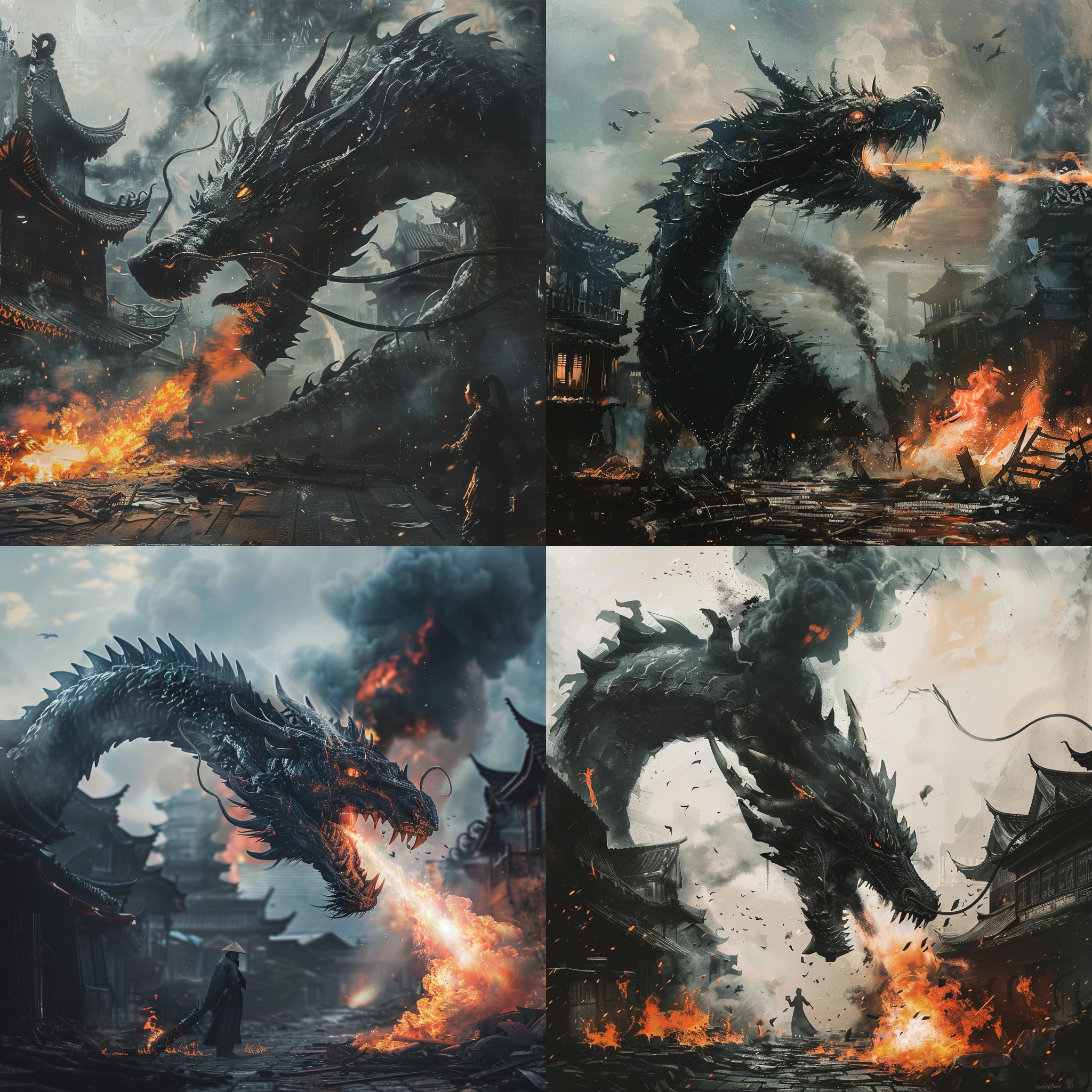 刘备，关羽，张飞，三个人，开着装甲车在跟开着坦克的吕布战斗。, 战争场面，动作镜头，重型装备，烟雾弥漫，高速快门，紧张气氛，战斗色调，英雄主义情绪。 电影风格 废弃城市群 360度全景 电影灯光