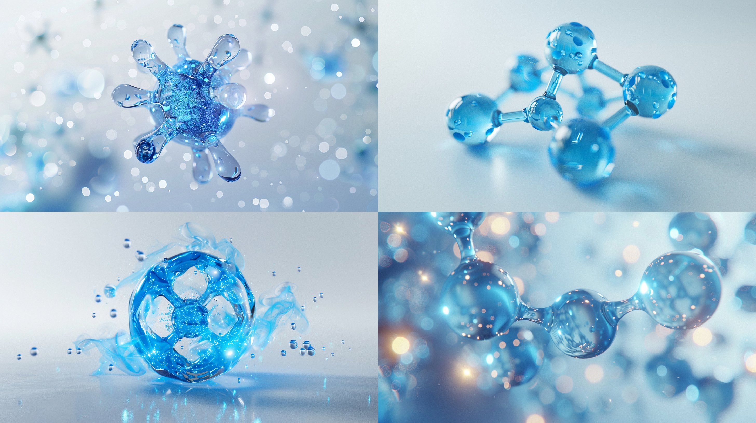 氢分子元素，蓝色，光斑，粒子光效，白色背景，32k，逼真超细渲染，精致材料，c4d，oc渲染，明亮的氛围感照明